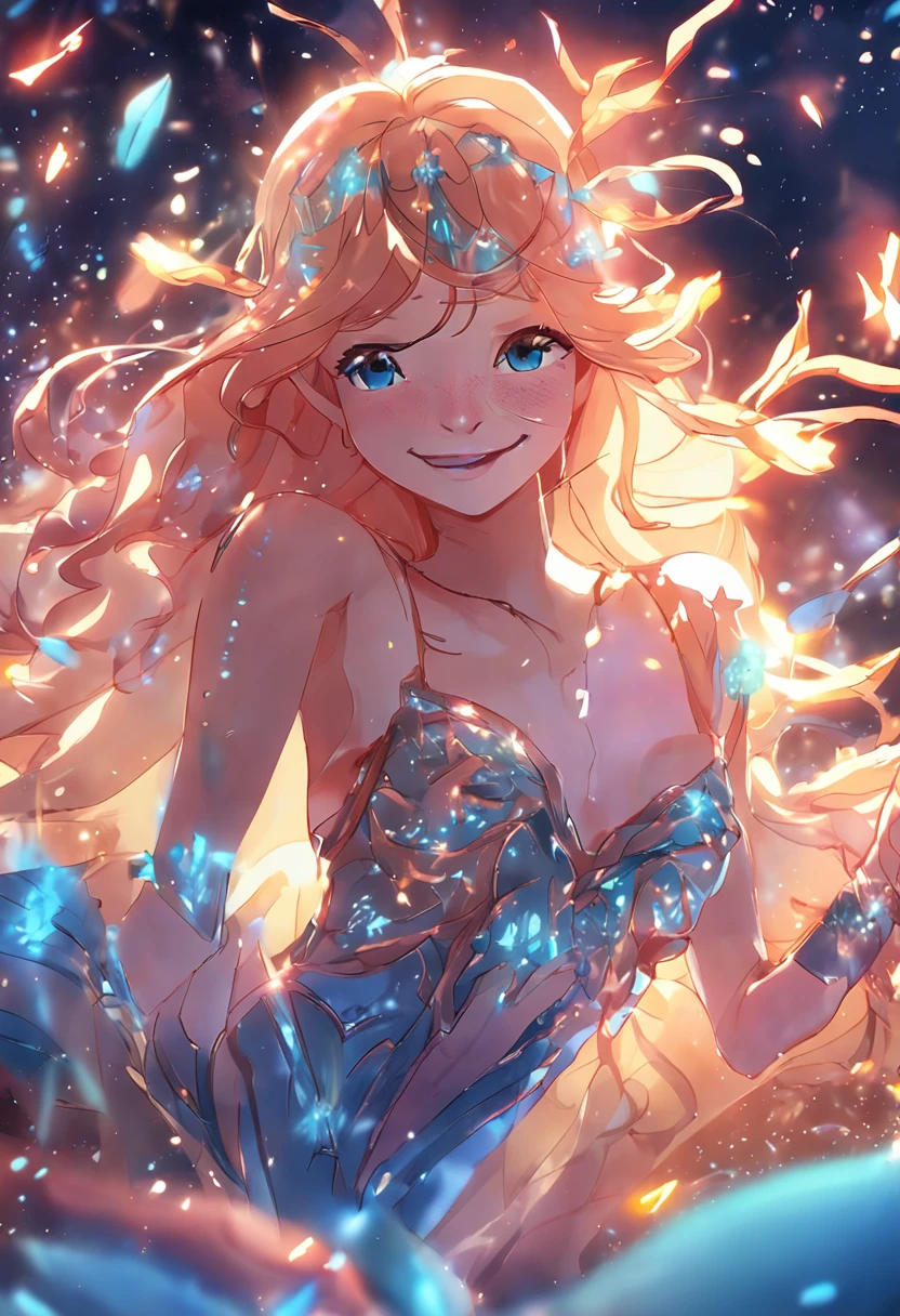 1girll,herry blossoms, 1girll, tree, Solo, aurora, Fireworks, Long_Hair, glowworm, Light_Particle, Pine_tree, snowflower_Background, Milky_way, mid air_Fireworks, headdress, arms behind body, Blue_Eyes, Smile, Face focus,Photorealistic:1.4 Detailed face,Detailed eyes,Shiny skin,full bodyesbian,Close up,looking a viewer,Naked