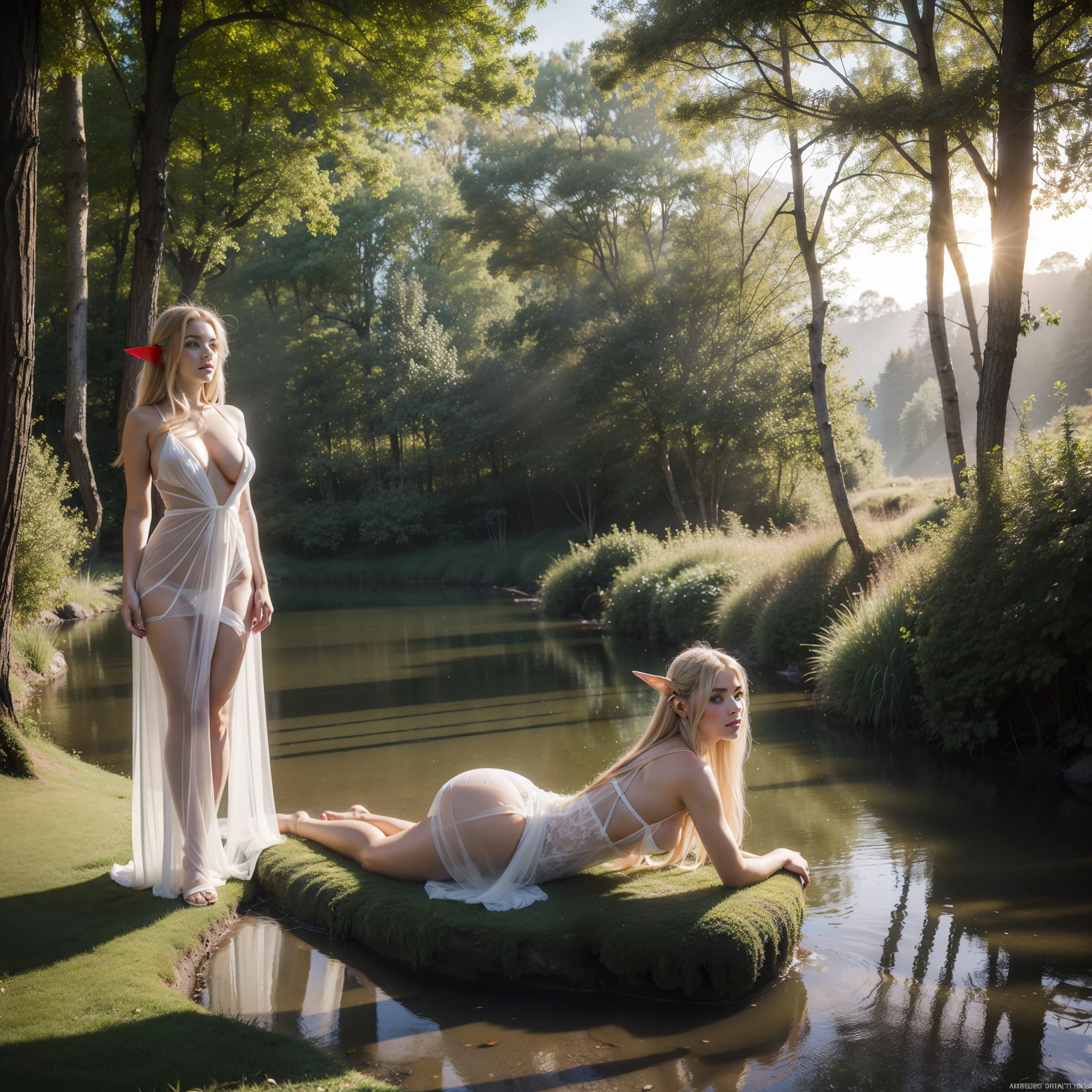 There is a small lake in the middle of ancient forest, magical foreat, there is a elf girl take a bath in the lake, side boobs uncovered, big boobs, braless, wear long white transparent sheer dress, have blode bright long hair, washing her hair, her clothes on the side of the lake, bright golden light peeking between Forrest wiods, warm haze and ray of lights visible, megical fairy tales feel,long straight blonde hair, blue eyes, pointy ears, pointy elven ears, wearing fantasy style head accessories, wearing fairy tale elven style accessories all over her body, beautiful elf, high elegant elef, high elf, lord of the ring style dress, wearing transparent sheer white dress, skimpy dress, sexy body, big boobs, gigantic boobs, busty, cleavage exposed, major boobs uncovered, major cleavage exposed, big tits, gorgeous girl, elegant looking girl, lewd, seductive eyes, hips and legs are exposed, blonde hair, glowing blonde hair, bath on the river, blue river, sun bathing, sun light bathing, lights from the back of the object, l.
