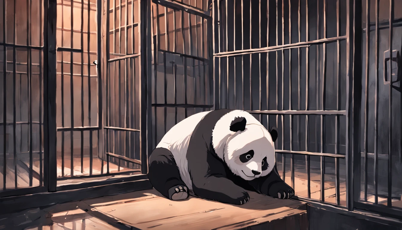 Draw a panda is sitting sadly in his cage. The panda is sitting on the ground, looking out the door of the cage. He has the distinctive black and white coat of a panda, with sad eyes looking down. The painting should use muted, dark colors to express the panda's sadness.