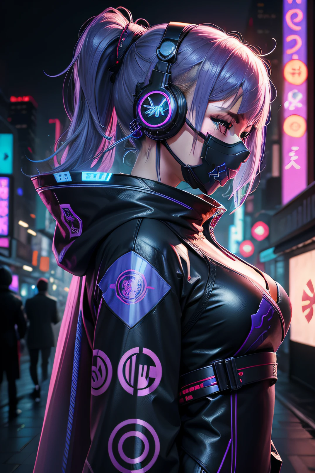 vector dress sexy design ready to print, cyberpunk, illustration profile of blue led female samurai in a mask, wearing over head headphones staring down, side view looking to the right, tokyo Japanese background, pro vector, high detail, vibrant, Japanese hologram symbols, barcode design