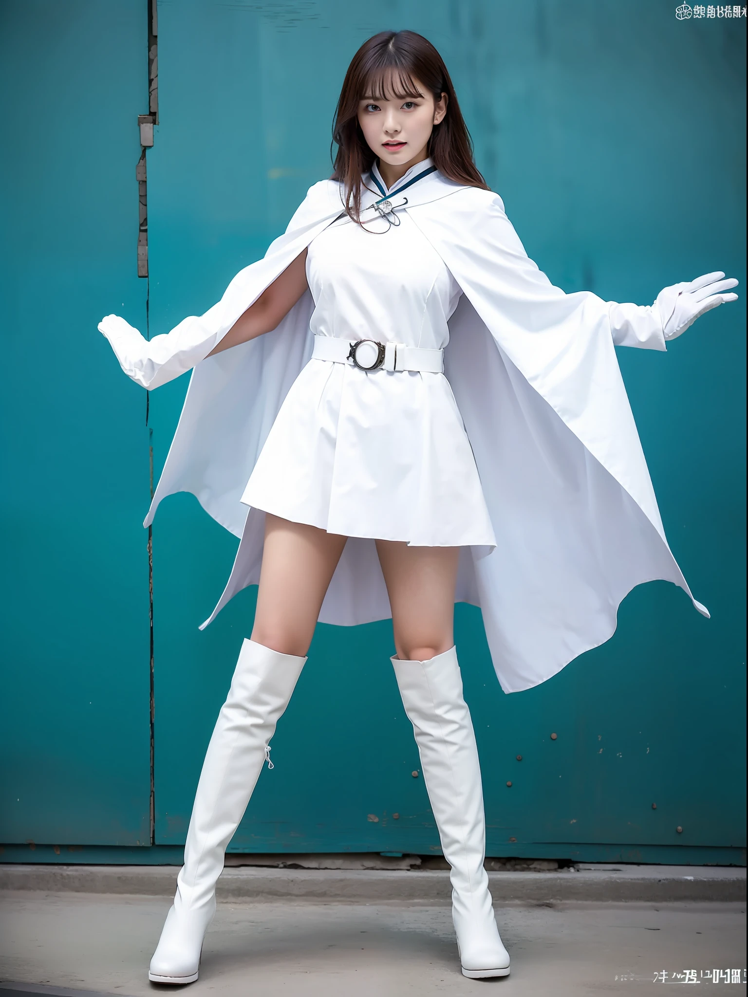 Nature Guardian Typhoon woman wearing typhoon symbol uniform，White cloak, Long white gloves on his hands, Wear white knee-length boots on her feet, Stand in the middle of a typhoon，Release energy to photograph the whole body