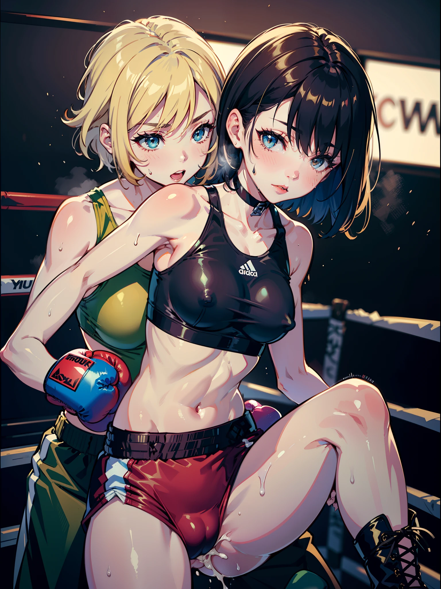 ((Mature female boxer and girl boxer)), Sexy lips, Sportsbra, ((Boxing gloves)), Big ,Laced boots,Sweat all over the body,fullbody image,Ecstatic look,(( girl hugging boxer from behind)),((Two Women)),Lesbian sex,Crotch tension type,Insert from the back,cum faced,Iki face,cum on,erectile nipple,ripe immature body,NSFW