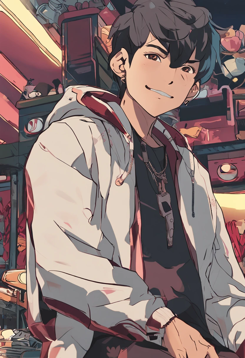 ５Male in his 0s　asian human　１A smile　BigEyes９0s Style Anime Retro