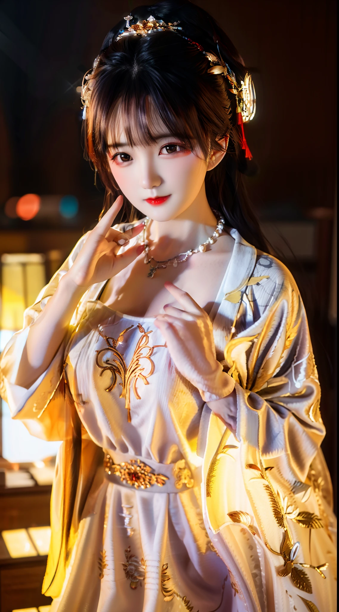 best quality, masterpiece, highres, 1girl, china dress, hair ornament, necklace, jewelry, Beautiful face, upon_body, tyndall effect, photorealistic, dark studio, rim lighting, two tone lighting, (high detailed skin:1.2), 8k uhd, dslr, soft lighting, high quality, volumetric lighting, candid, Photograph, high resolution, 4k, 8k, Bokeh, medium breasts,