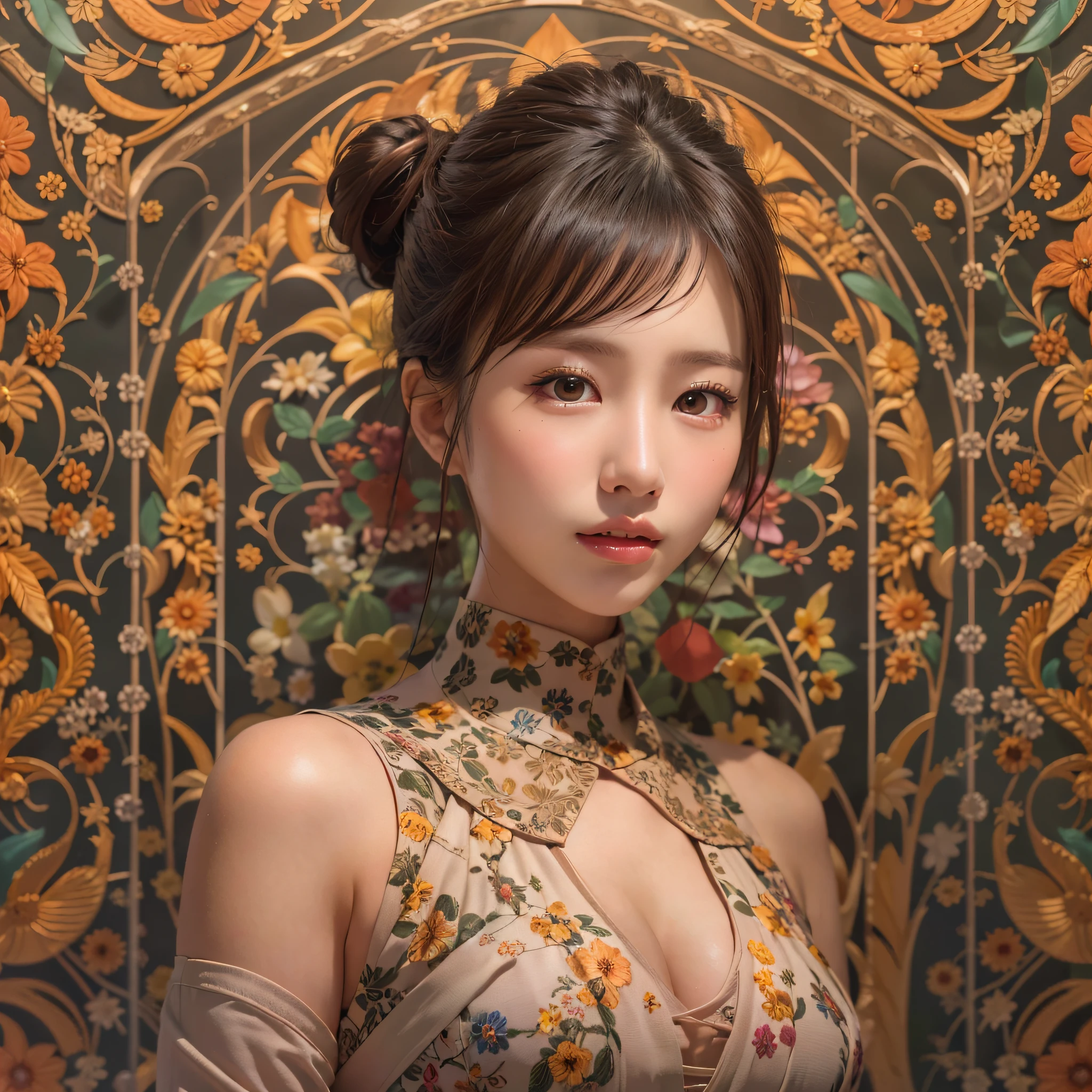 (Background, symmetrical, Compositions with colorful geometric arabesque patterns):1.3, (high shadows detail), (hair bun, single braid, dark brown hair),  best quality, masterpiece, ultra high res, (photorealistic:1.1), RAW photo, (1woman:1.3, solo), (asian girl, ultra delicate face, ultra delicate eyes, ultra detailed nose, ultra detailed mouth, ultra detailed facial features), (sexually flattering clothing), (medium breast:1.3), from the front side, (shiny skin), Show cleavage, pan focus