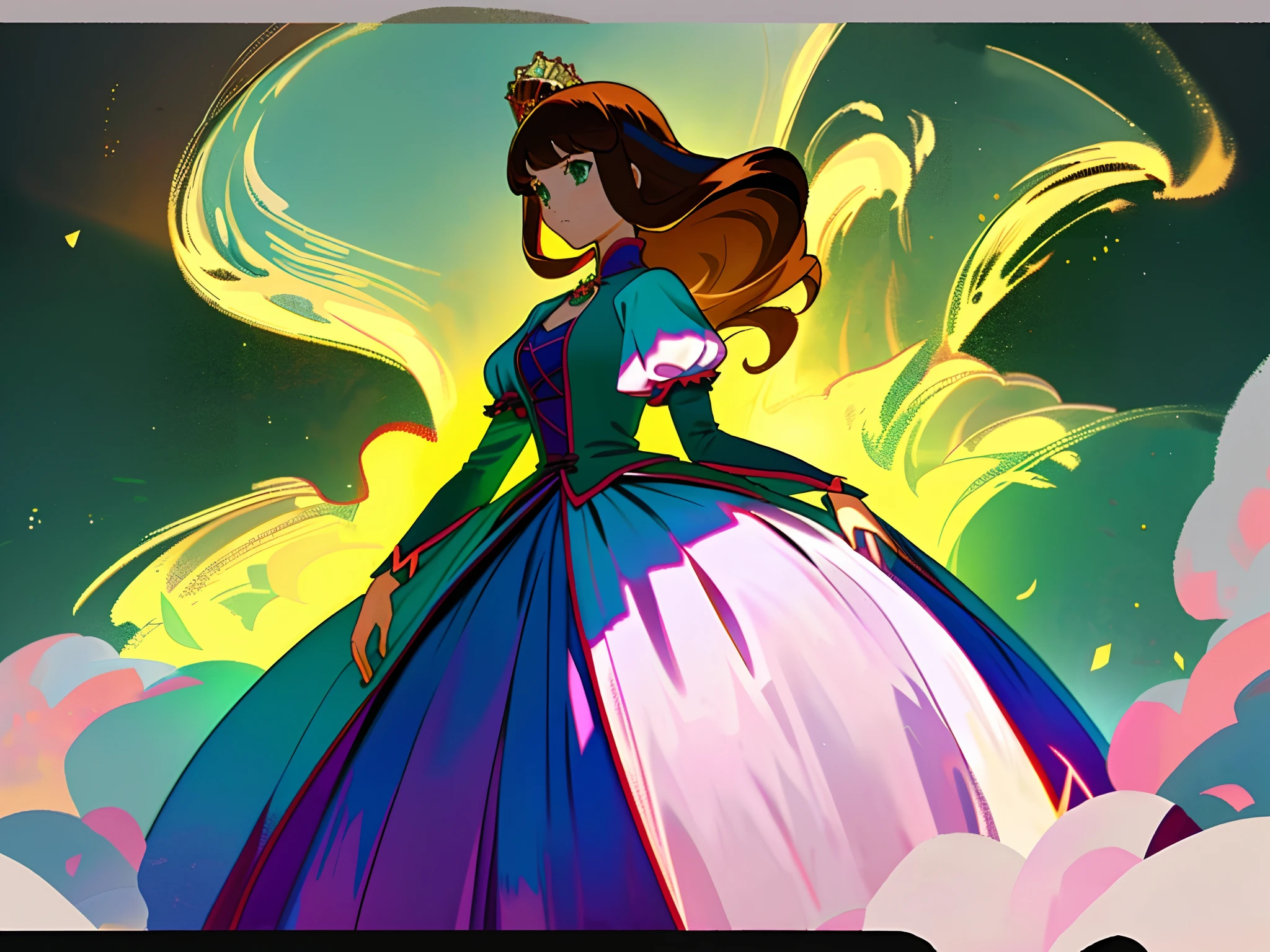 ((masterpiece)),(((best quality))),(character design sheet,Same role,frontage,Lateral face,on back),illustration,1个Giant Breast Girl,brunette color hair,Green eyes,Princess cut,Hair on the eyes,pretty eyes,The environment changes,Pose Zi too,A queen,Gorgeous princess dress,magia,charturnbetalora,(simplebackground,white backgrounid:1.3)