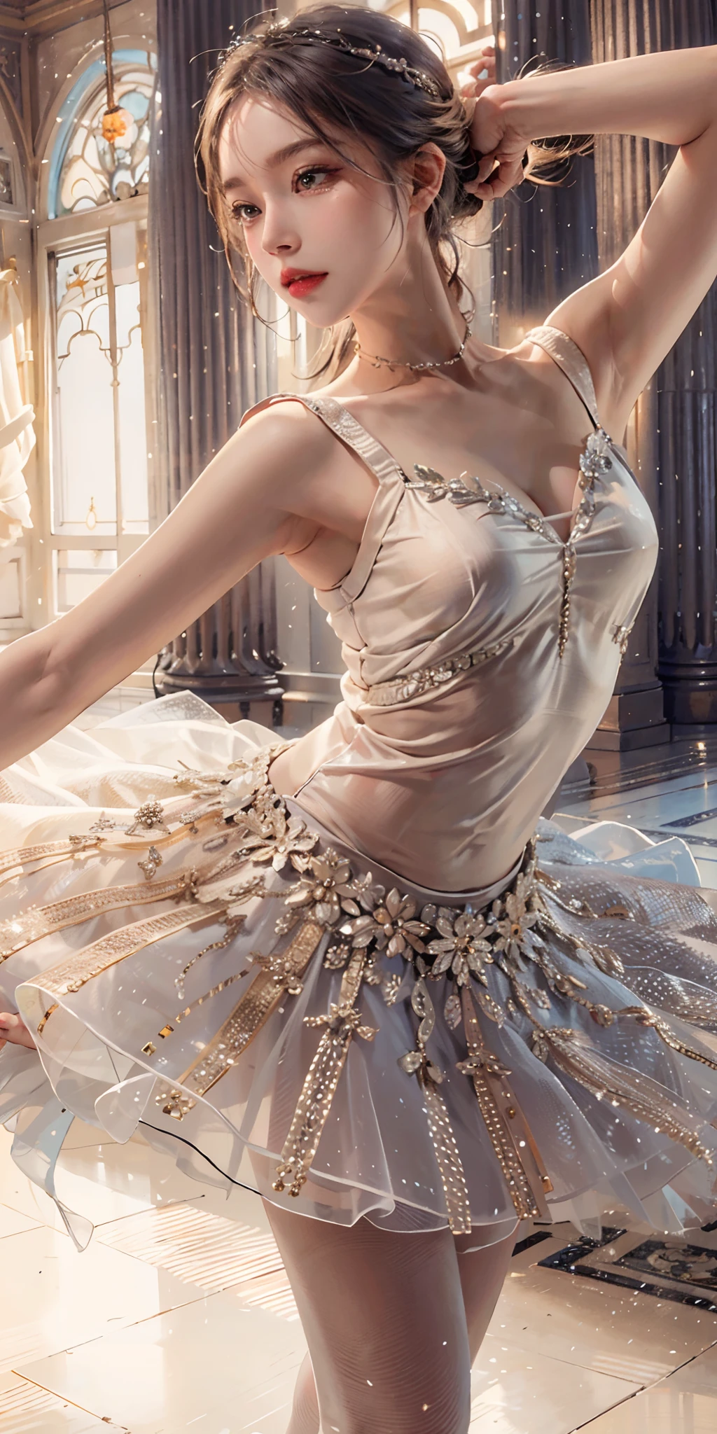 photorealistic, high resolution, soft light,1women, solo, hips up, shining skin, (detailed face), tutu dress, ballet dance