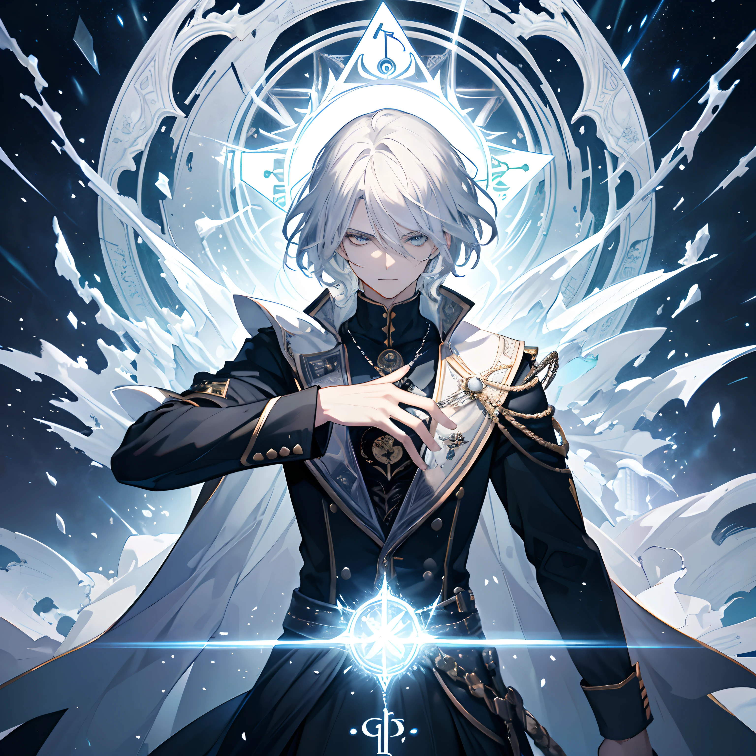 (Tarot Card World), a handsome man with white hair, sharp eyes, incorporating elements of time and light, platinum material, bright lighting, grand visuals, creating an epic feeling. He waits at the end of time, he is the rulemaker, (masterpiece), (best quality), (flattened card design), dynamic graphics, detailed faces and eyes