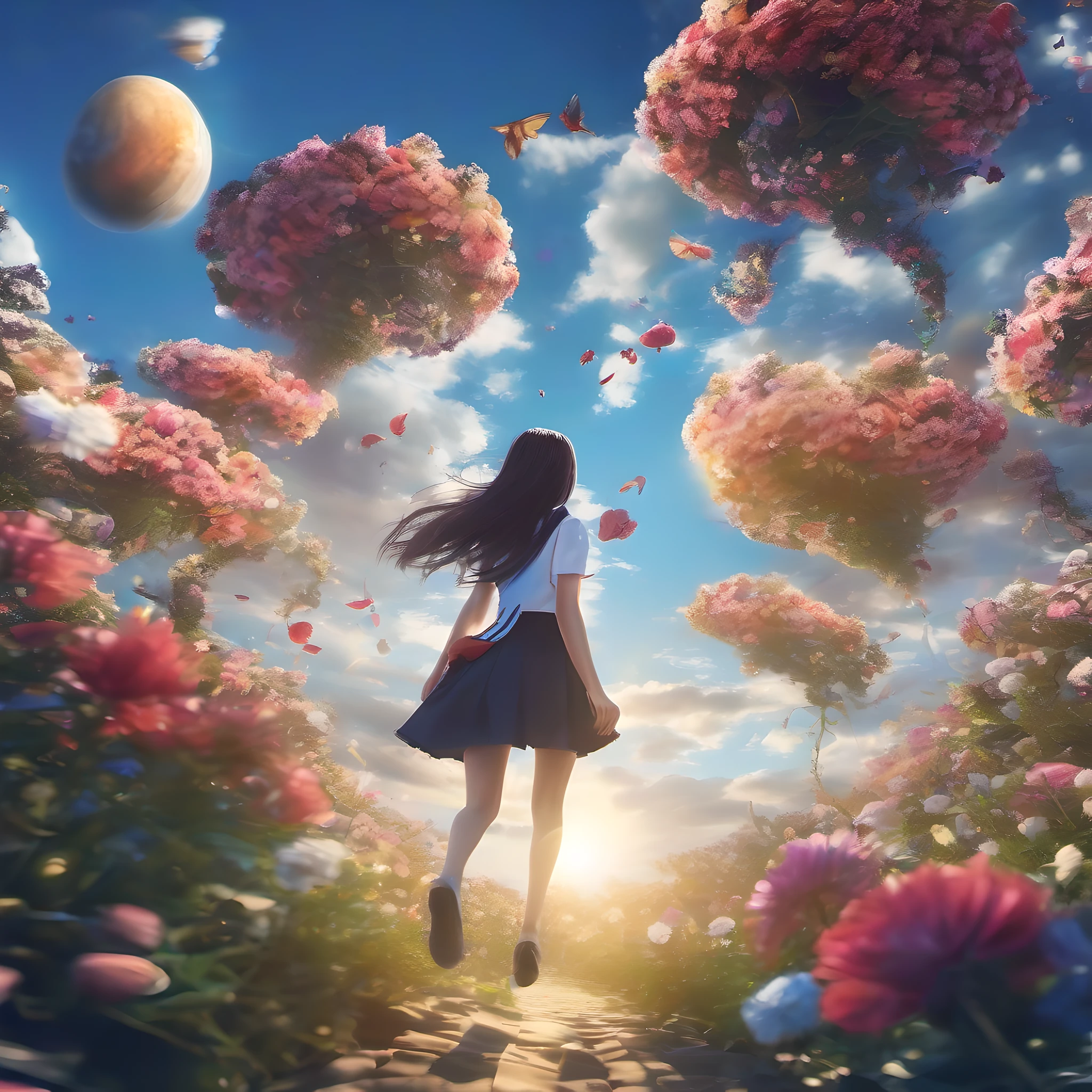ccurate, best quality, masterpiece, UHD, high details, award winning, (Amazing:2.0), (Surrealism), Conceptual art, Verism, cinematic lighting, floating island in the sky, (((beautiful flower garden))), the garden floats in the sky, Horizon, blue sky, paradise scenery, flowers, wind flow, (((fantasy))), frontier, (magnificent space), blurry foreground, bokeh, Hasselblad, lens flare, beautiful school girl, (17 yr old), ((((full body)))), from behind, she moving, without looking at me, (((wearing school uniform))), black eyes, black hair, (floating hair), ((8 life size)), detailed hairstyles, detailed bodyline, anatomically correct, cute face, ((accurately portray her)),