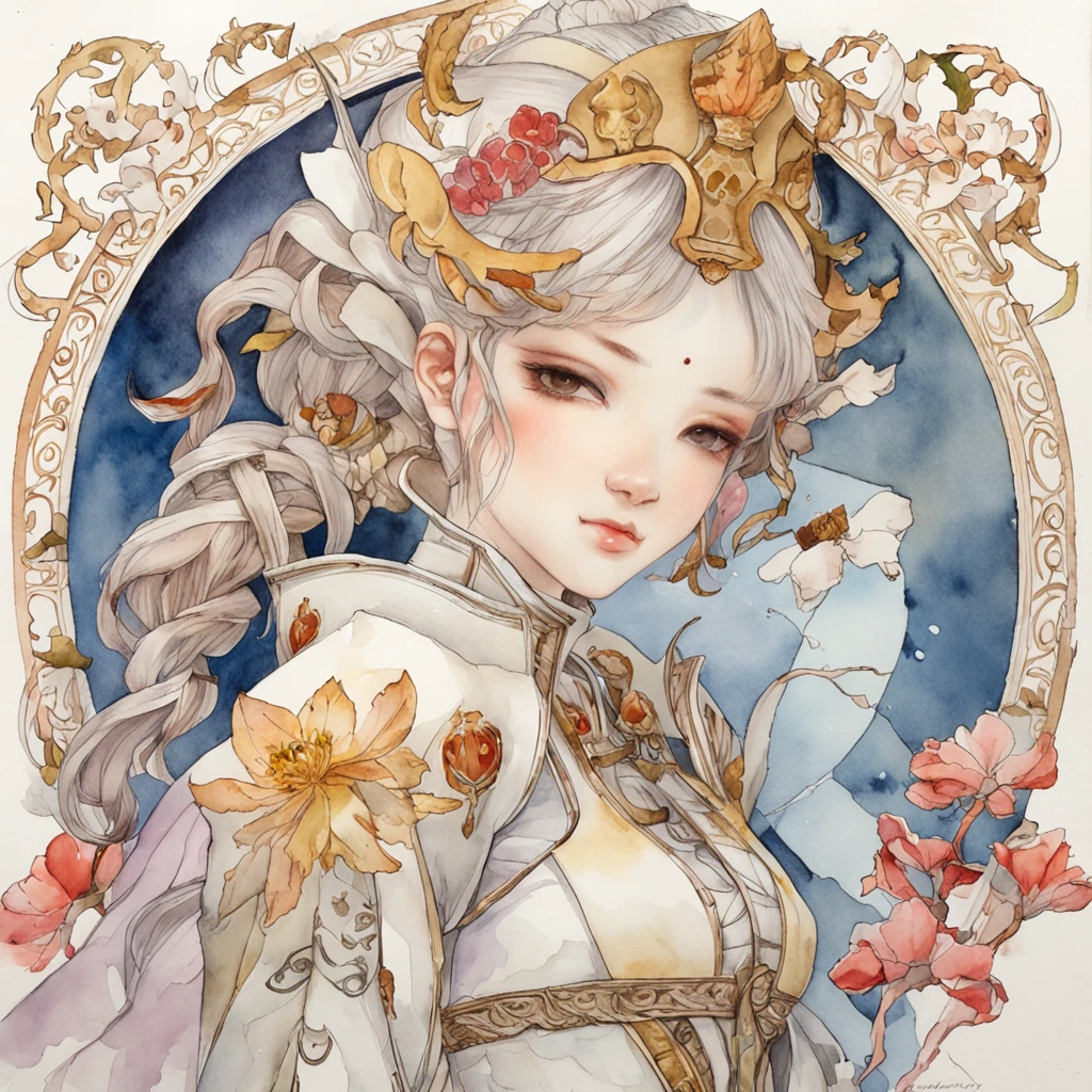 masutepiece、A highly detailedCG、8K、((Joan of Arc))、Chiquita、Japan Traditional、((Japanese anime))、japanese comic book、ink and watercolor painting、watercolor paiting、pale color、(blanche:1.9)、frontage、Peach-colored hairs、Silky hair、Joanne Art Girl in Tattered White Fantasy Dress Armor、Chiquita、in a castle、a throne、cross one's legs、The most beautiful girl in the world、 , nffsw, River Fantasy, Micro Detail, Soft light, Photorealistic, Proportional, hyperdetails
