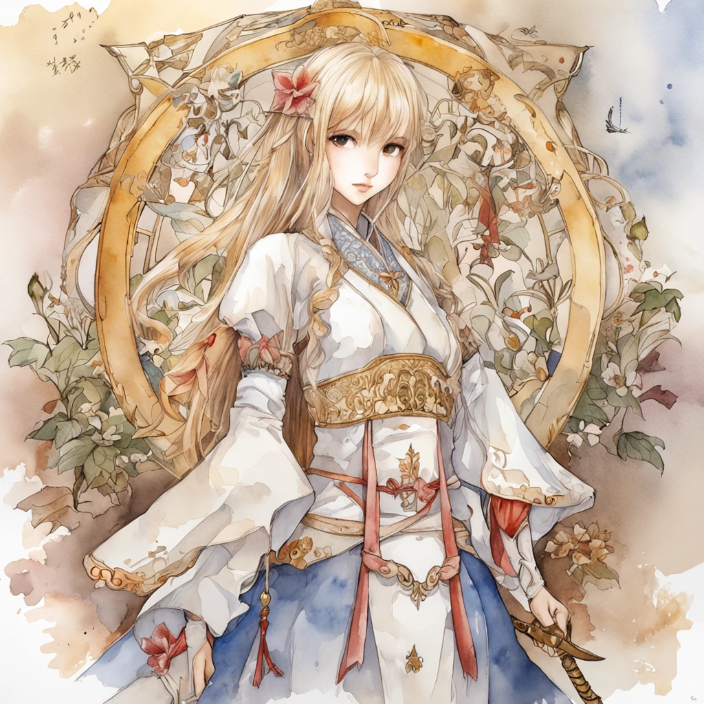 masutepiece、A highly detailedCG、8K、((Joan of Arc))、Chiquita、Japan Traditional、((Japanese anime))、japanese comic book、ink and watercolor painting、watercolor paiting、pale color、(blanche:1.9)、frontage、Peach-colored hairs、Silky hair、Joanne Art Girl in Tattered White Fantasy Dress Armor、Chiquita、in a castle、a throne、cross one's legs、The most beautiful girl in the world、 , nffsw, River Fantasy, Micro Detail, Soft light, Photorealistic, Proportional, hyperdetails
