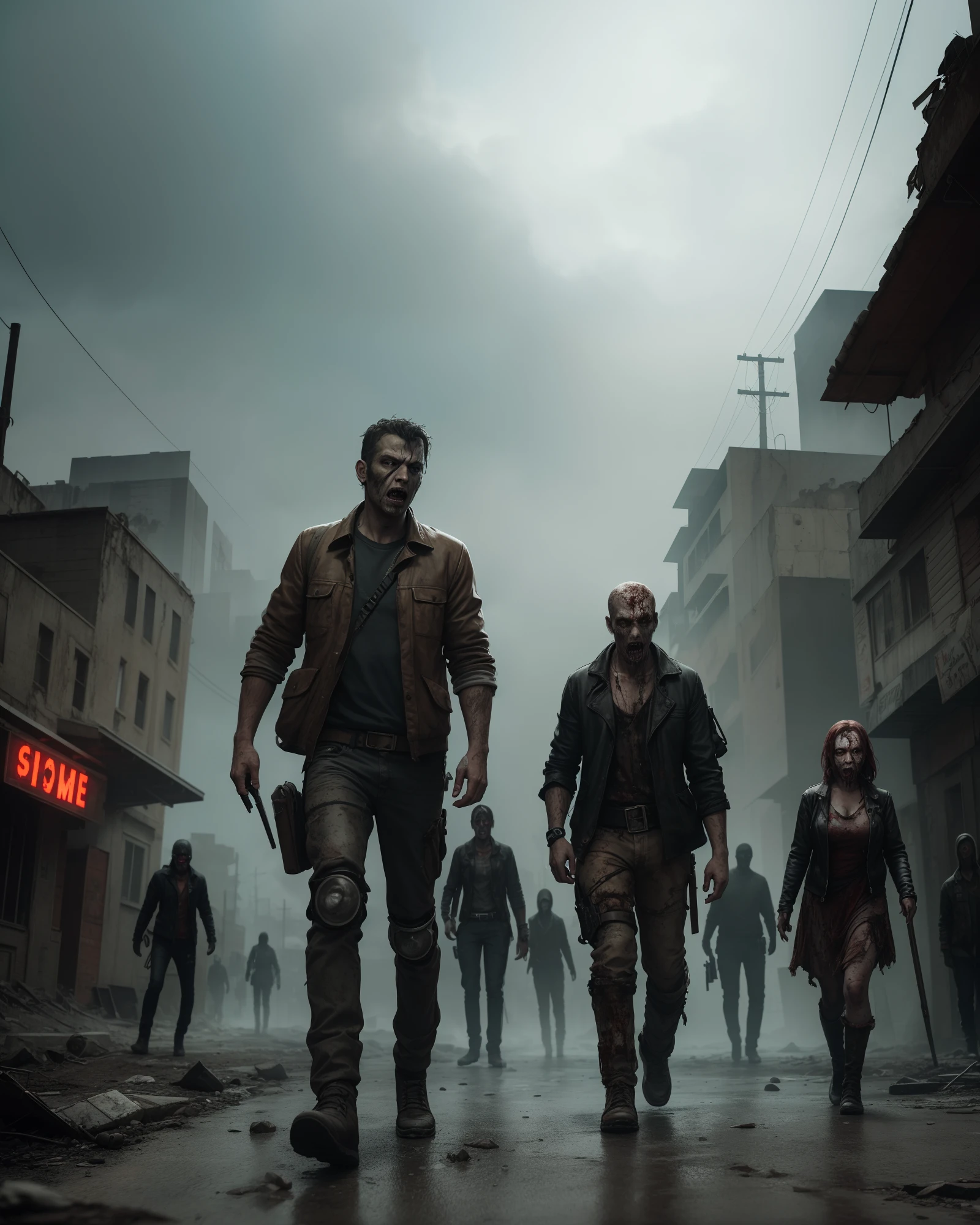 Zombies, a stumbling horde of zombies walking the streets of Rio de Janeiro, torn civilian clothes, white eyes, fine art, PS5 cinematic screenshot, highly detailed detailed cinematic rendering, ultra photorealistic raytricing, with cinematic lighting