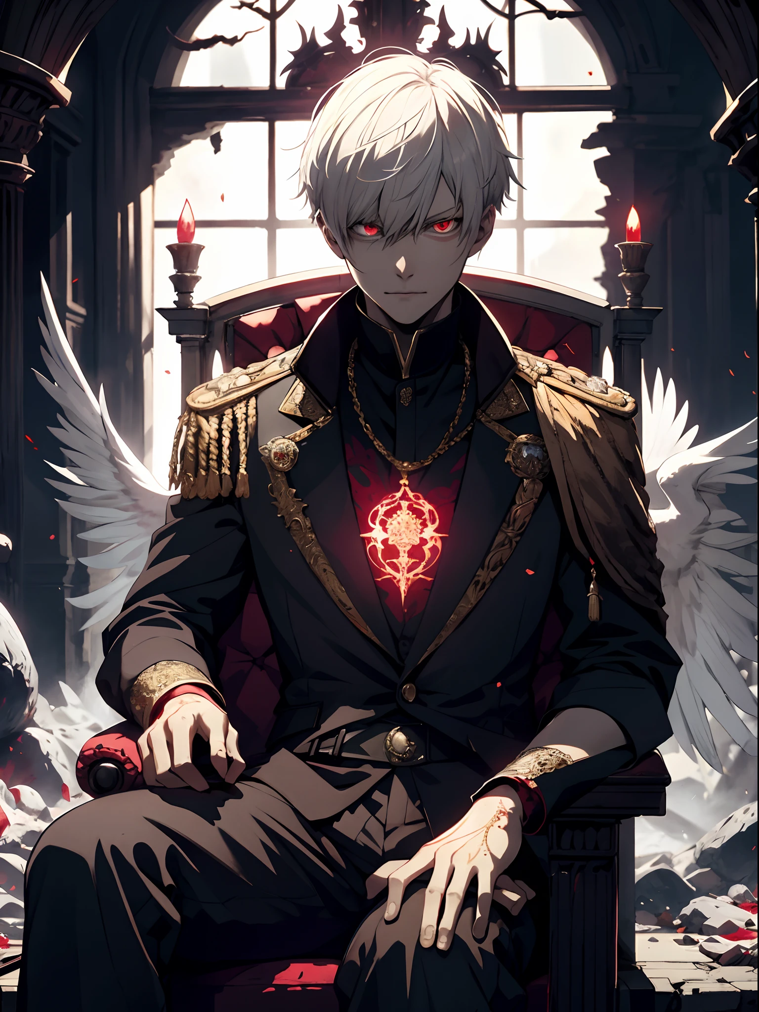 A white-haired, red-eyed prince sits on a majestic throne inside an abandoned palace. The environment around him is dark and gloomy, with evil red eyes in the walls and cobwebs hanging there. The throne is ornate, with details in gold and precious stones, and is covered by a dusty cloth. The protagonist is wearing royal clothing, with a kaneki expression on his face, as he stares at the horizon with glowing red eyes, masterpiece, best quality, ultra-detailed, illustration, 8k resolution concept art, fantasy art, epic art, concept art wallpaper 4k, deep color, natural lighting