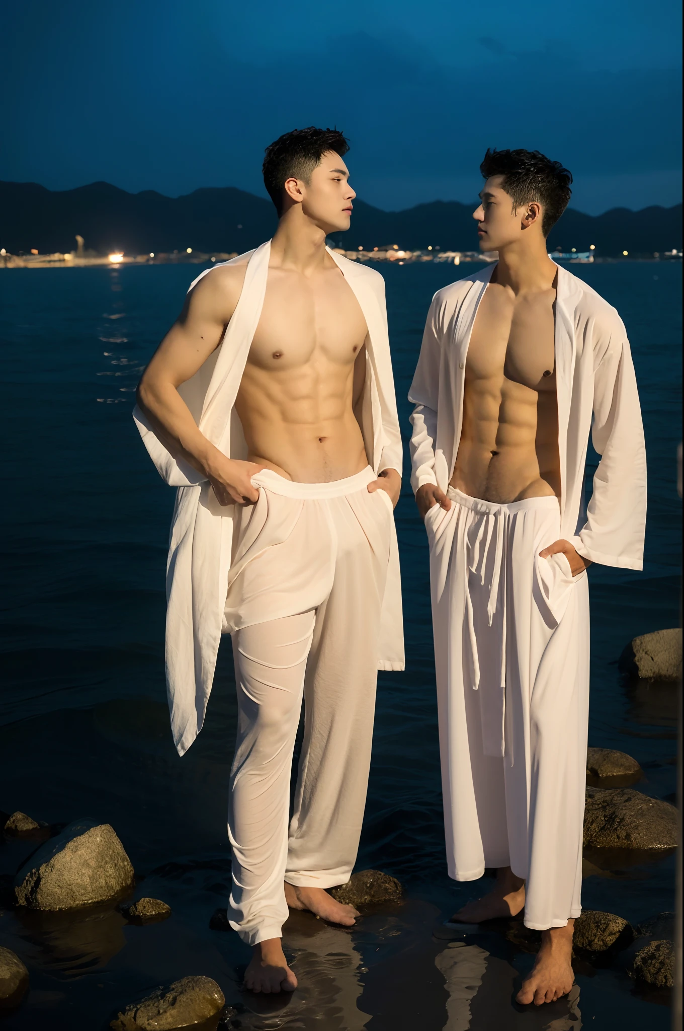 (8K, RAW photo, Highest quality),Realistic,2 handsome men，Stand in the golden waters of the lake，frontage，Intricate details，Extremely detailed eyes and eyelashes，Muscular male,Manly,looks away,Closed mouth，Male focus,Solo,Open the transparent robe，Exposing the pectoral muscles，Exposing abs，long white pants，Barefoot，No shoes，full bodyesbian,Night sky,Soft lighting,Cinematic lighting,Portrait,Close-up,Lovingly