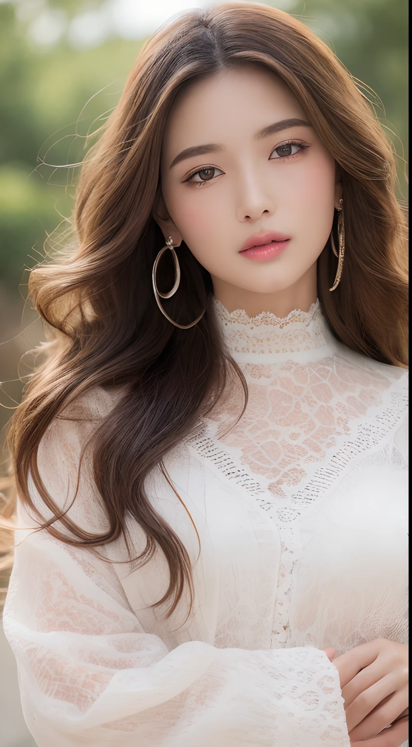 ((top-quality、8K、masterpiece:1.3))An ultra-high picture quality、realskin、Marble background、FULL BODYSHOT、1人、Glamour beautiful woman:1.3、(light brown long curly hair、爆乳:1.2)、sexy facial expression、big eye、Long Sleeve Pink Lace High Neck Shirt:1.1、hyperdetailed face、ultradetailed eyes、super-detaild skin、Ultra detailed hands、Ultra-detailed fingertips on the face、Super detail beautiful legs、Super detailed beautiful hair、Ultra-detailed cloth、put one's hand over one's mouth、Korean Beauties、White lace skirt、piercings、beautiful and long legs、high-heels、Standing like a model、Walking