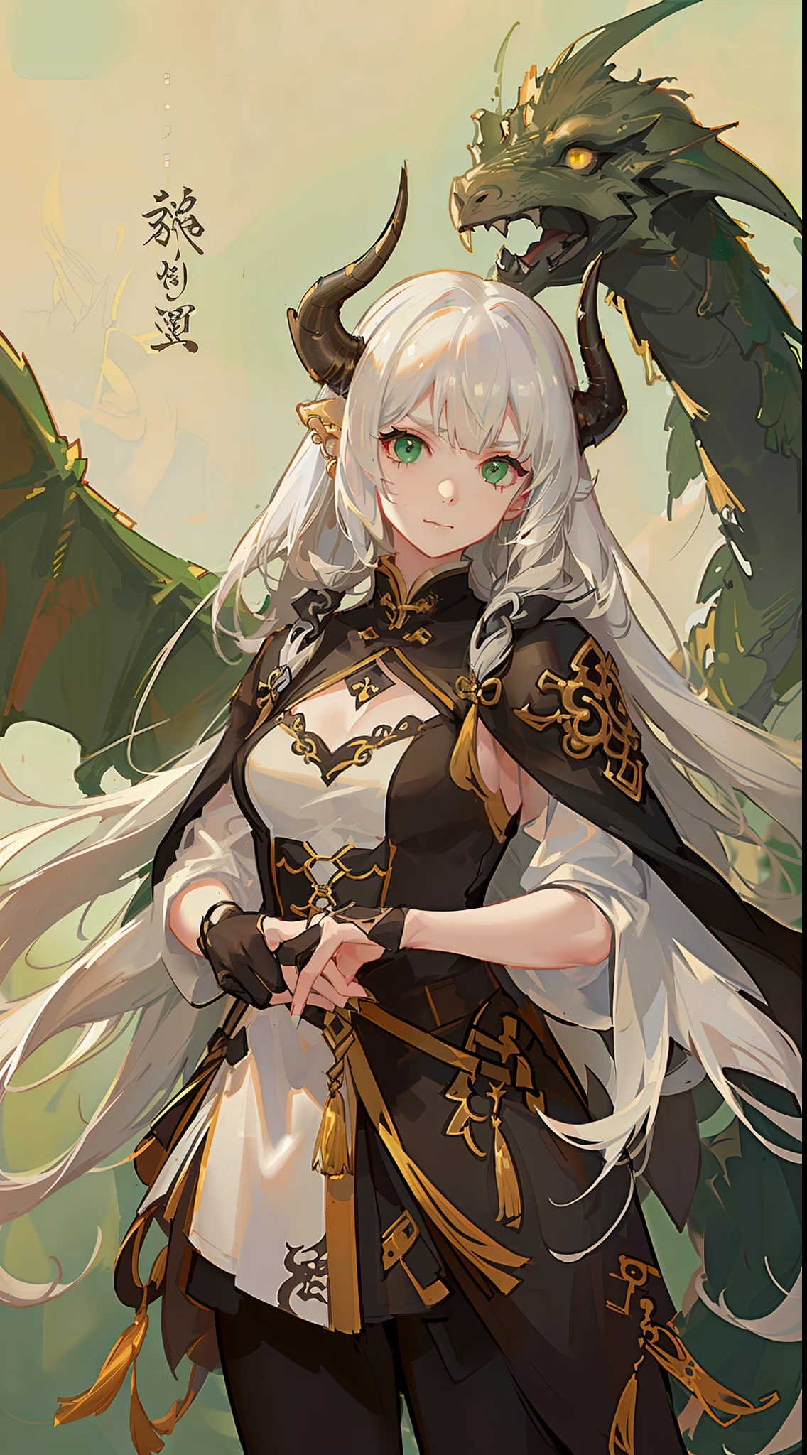 adult girl, Long white hair, Working with a horn, Green eyes, dragon tattoo, A cyborg, Hanfu, Masterpiece, hiquality