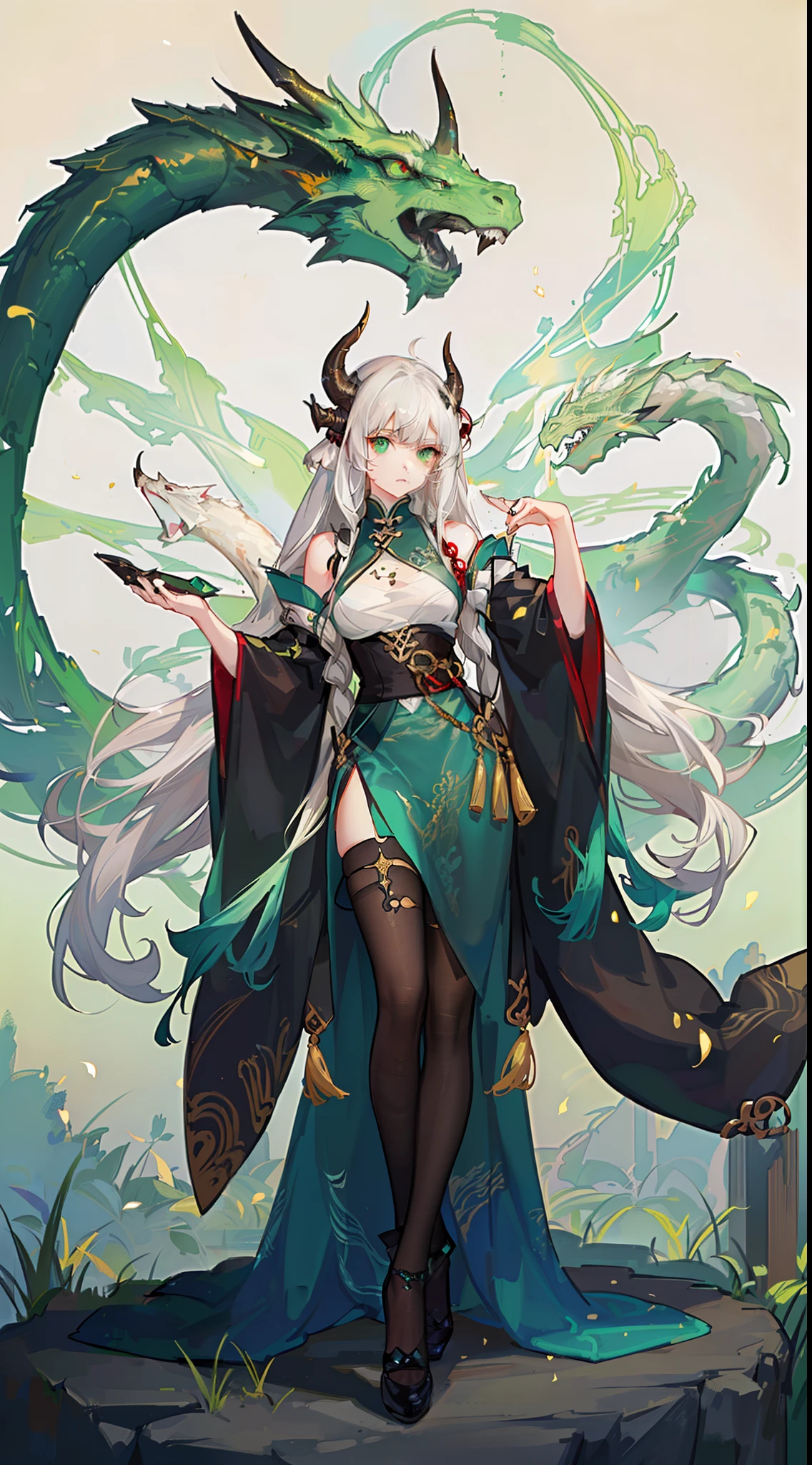 adult girl, Long white hair, Working with a horn, Green eyes, dragon tattoo, A cyborg, Hanfu, Masterpiece, hiquality