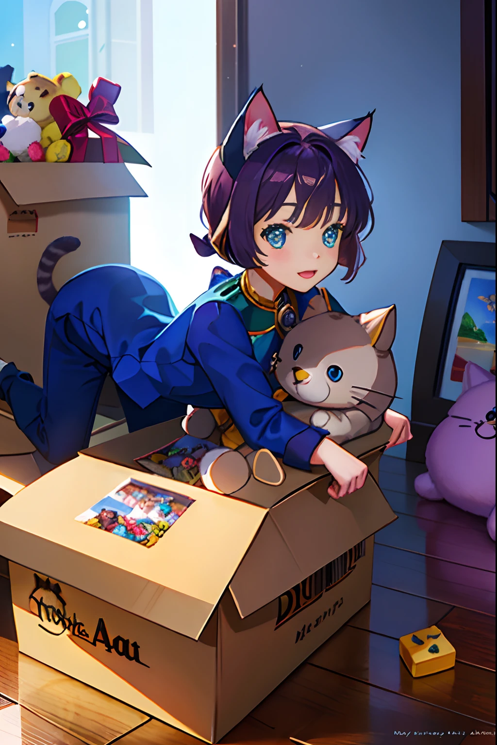 super detailed, extremely detailed, masterpiece, highest quality, best quality, sub surface scattering, (1cat:1.5), (solo:1.4), (cat plush:1.1), （45 degree side view：1.2），Fine fur, fluffy paws, a pair of cat ears, blue cat eyes，Cardboard box full of toys, a teddy bear outside the box, some toys scattered on the ground，Game art, Disney, DreamWorks, animated films, realism, real light and shadow, rich colors, bright and light atmosphere,