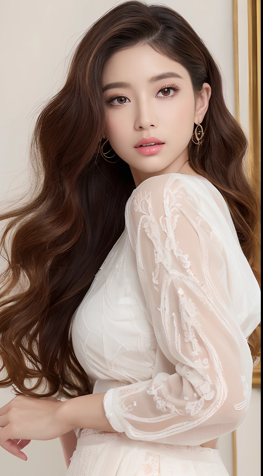 ((top-quality、8K、​masterpiece:1.3))An ultra-high picture quality、realskin、Marble background、FULL BODYSHOT、女の子1人、Glamour beautiful woman:1.3、(light brown long curly hair、爆乳:1.2)、sexy facial expression、big eye、Long Sleeve Pink Lace High Neck Shirt:1.1、hyperdetailed face、ultradetailed eyes、super-detaild skin、Ultra detailed hands、Ultra-detailed fingertips on the face、Super detail beautiful legs、Super detailed beautiful hair、Ultra-detailed cloth、put one's hand over one's mouth、Korean Beauties、White lace skirt、piercings、beautiful and long legs、high-heels、Standing like a model、Walking