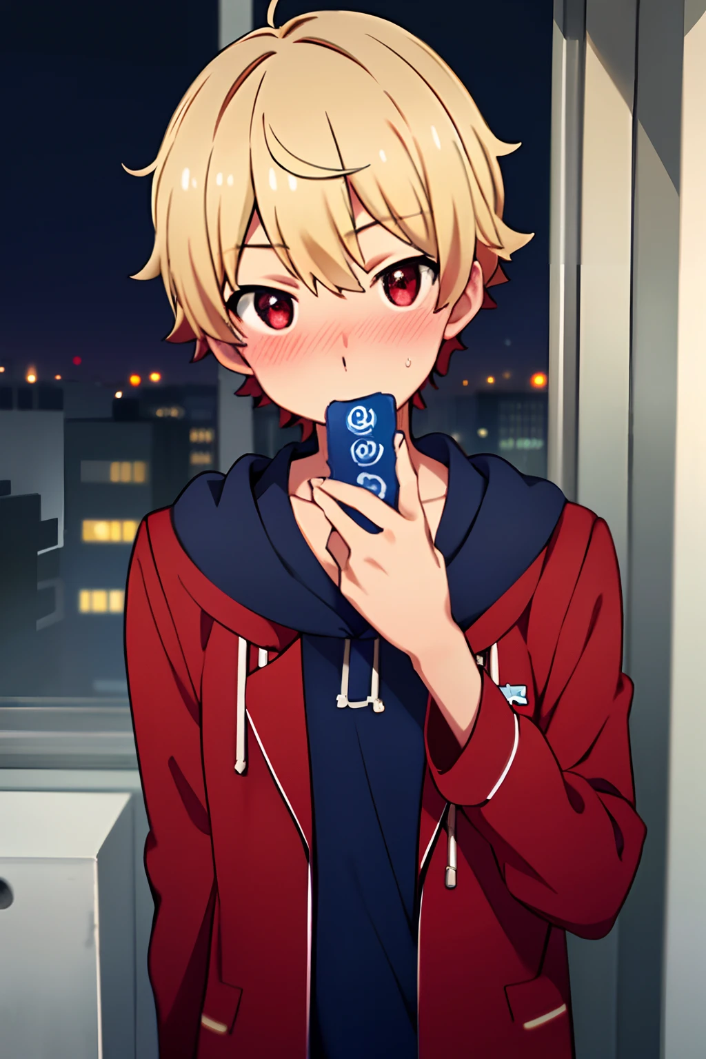 masterpiece, best quality, high quality, 1boy, solo, male focus, looking at viewer, upper body, subaru_uchimaki, blonde hair, red eyes, jacket Blue, look sideways, Blushing.. Kiss