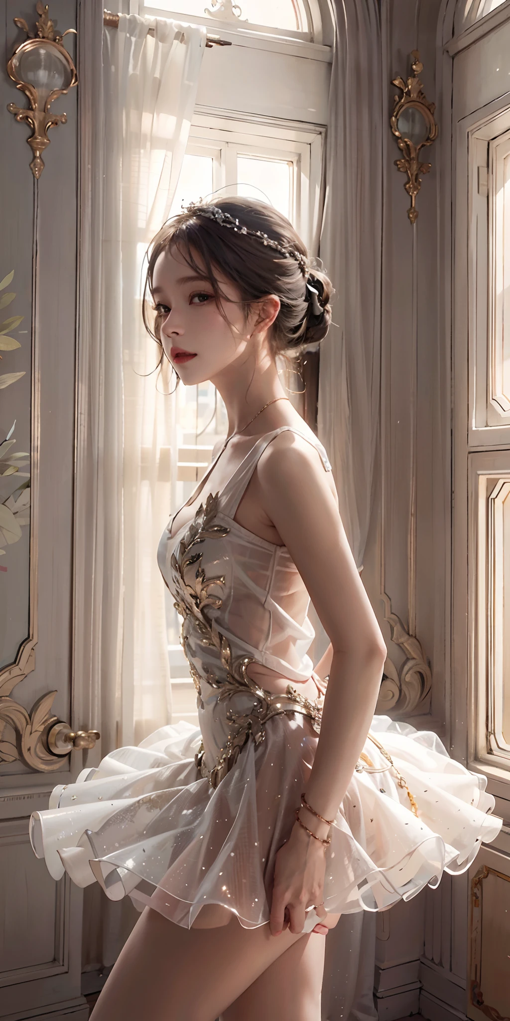 photorealistic, high resolution, soft light,1women, solo, hips up, shining skin, (detailed face), tutu dress, ballet dance