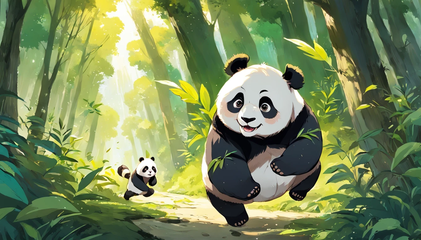 Draw the panda dreaming of running and jumping in a lush forest. The panda is running and jumping among the lush trees, breathing in the fresh air. He is eating the types of leaves he likes, and meeting other animals like squirrels, rabbits, and so on. The panda is incredibly happy. The painting should use bright, vibrant colors to express the panda's happiness.
