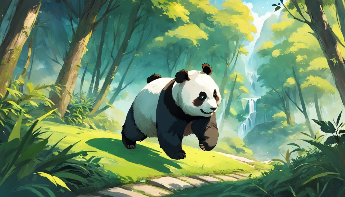 Draw the panda dreaming of running and jumping in a lush forest. The panda is running and jumping among the lush trees, breathing in the fresh air. He is eating the types of leaves he likes, and meeting other animals like squirrels, rabbits, and so on. The panda is incredibly happy. The painting should use bright, vibrant colors to express the panda's happiness.