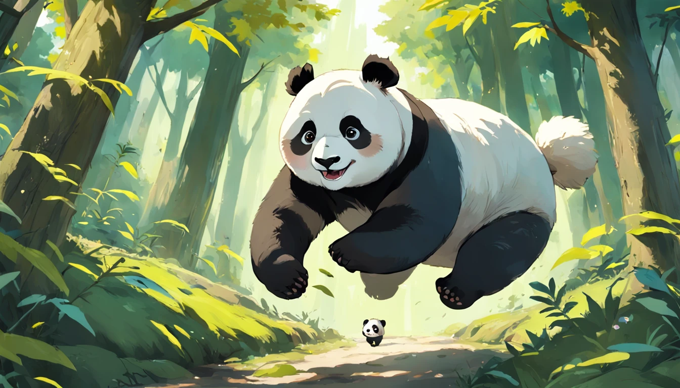 Draw the panda dreaming of running and jumping in a lush forest. The panda is running and jumping among the lush trees, breathing in the fresh air. He is eating the types of leaves he likes, and meeting other animals like squirrels, rabbits, and so on. The panda is incredibly happy. The painting should use bright, vibrant colors to express the panda's happiness.
