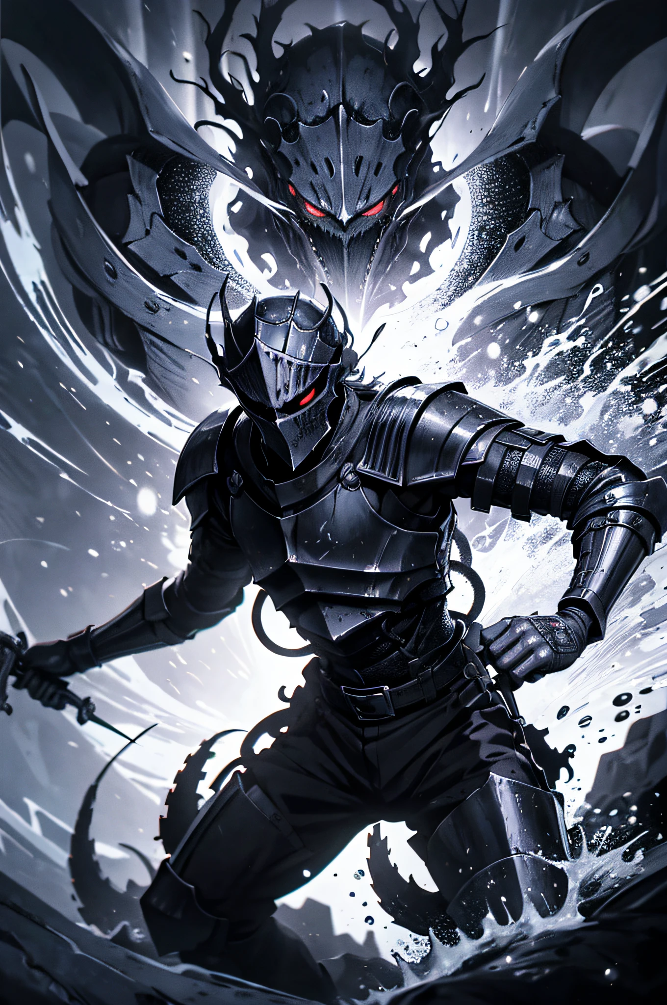 "A brave knight valiantly fending off the relentless assault of menacing tentacles from an eldritch horror creature, capturing the essence of a dynamic manga panel with intricate linework and striking manga shading."