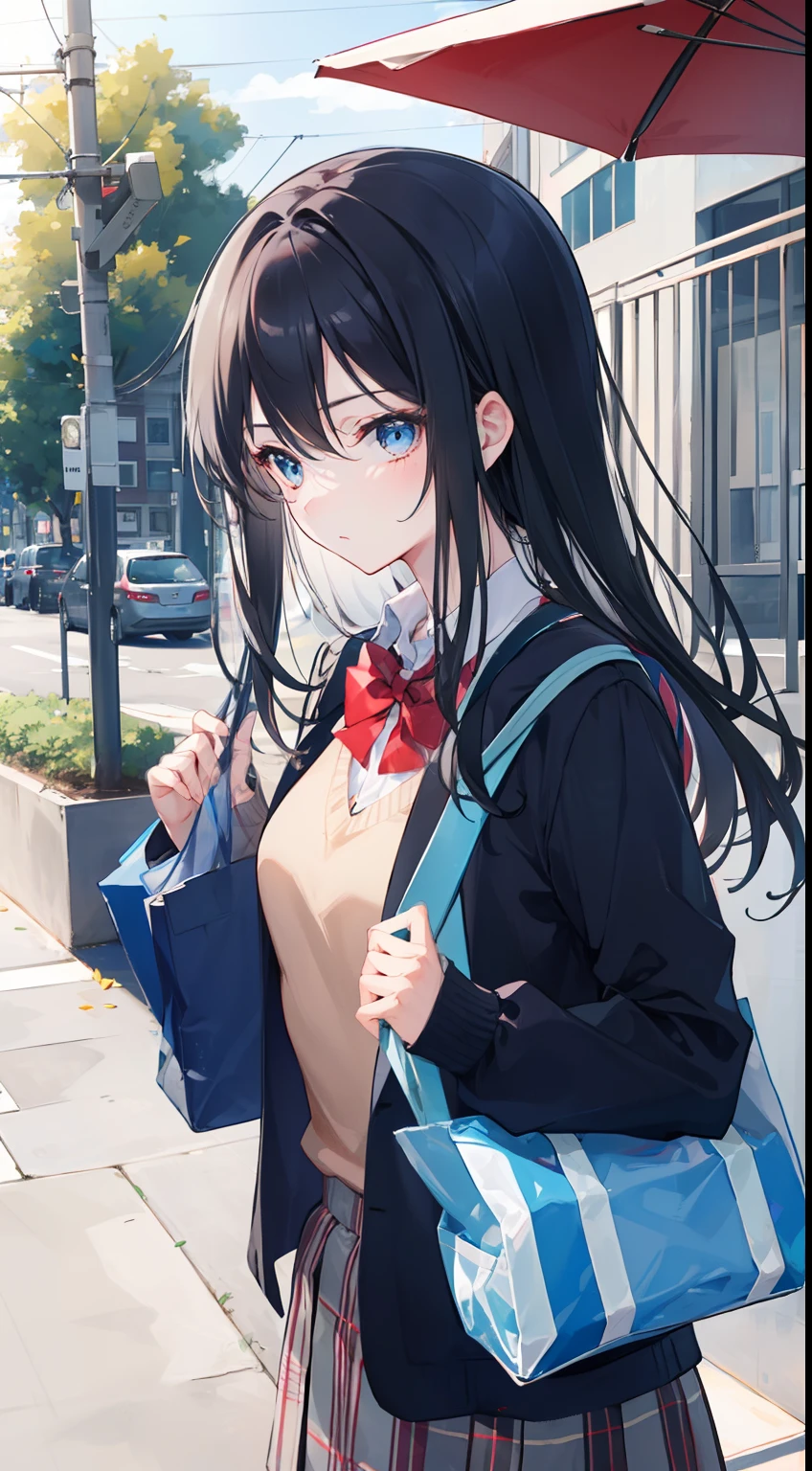 A girl, bluish-black hair and blue eyes, very long hair, wearing high school uniform and faded yellow jacket while carrying his bag, moe, cute, chubby