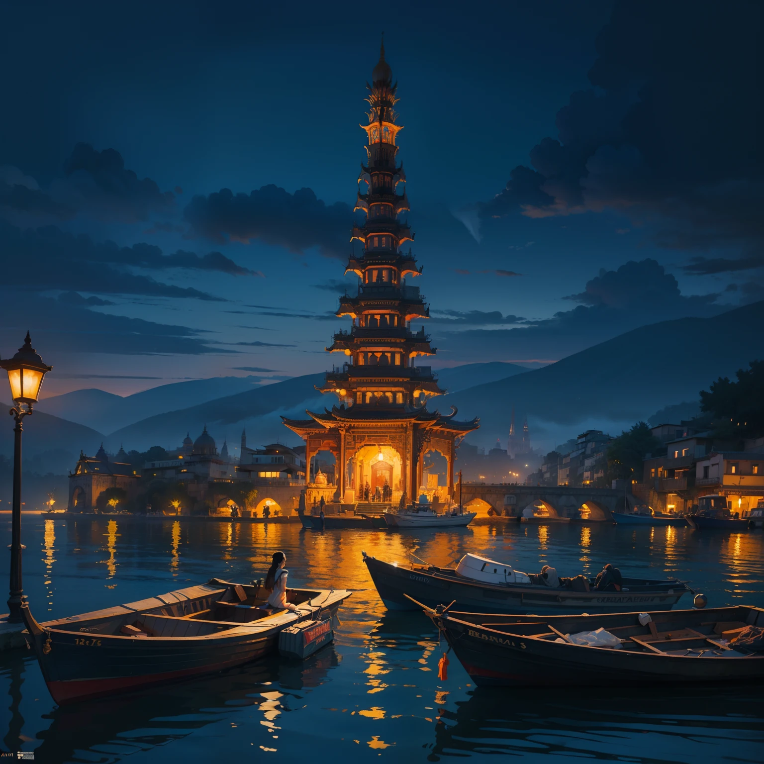 A view of City of Varnashi , ghats, temples from boat in night infographic with illustrations, by Artgerm , vibrant colours, moody lighting, digital art, winning award masterpiece, fantastically beautiful, illustration, aesthetically inspired by Artgerm, trending on artstation, 8