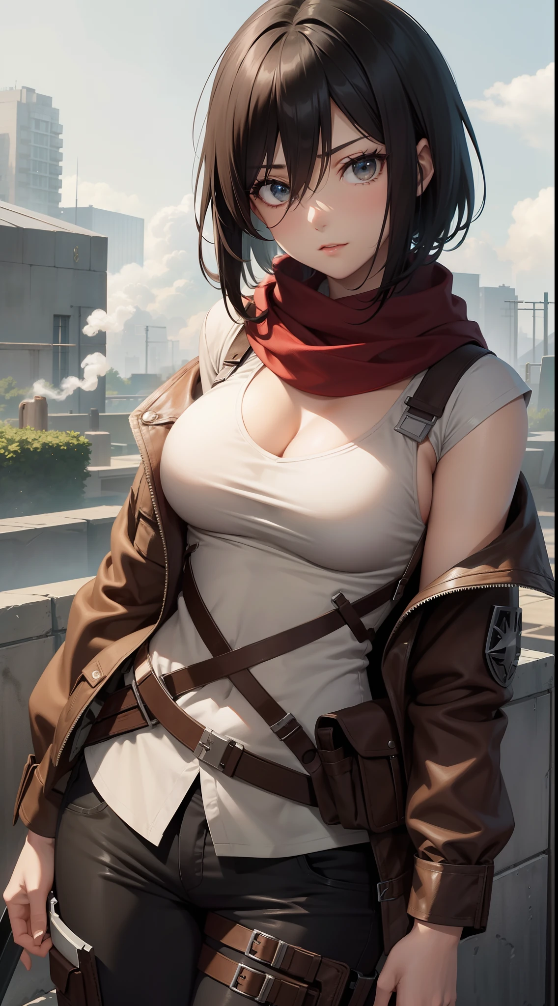 Imagem de Mikasa Ackeman de ((corpo inteiro))、Red scarf on neck, capa verde musgo, Reconnaissance Division Neck Uniform, seios grandes, corpo definido, guerreira, lado a lado (segurando uma espada), segurando sua espada, Destroyed city background and flames, zoom em seus olhos que reflete o fogo que queima sua casa, Mikasa is in a burning village at night, Smoke and fire particles in the air、(1girl em)、(realisitic)、(fotorrealista:1.5)、Batomornsardas、cabelos pretos, 8k UHD、(filmgrain) extremamente delicado e bonito、8k, alta qualidade、alta resolução, ju、ighly detalhado、((Durante a noite))、(brilho do fogo refletido no rosto)、belos olhos detalhados、 olhos e rosto extremamente detalhados、obra prima、(lighting like a movie)、(pele de alto detalhe:1.2)、8k UHD、Digital SLR、a strong illumination of fire、alta qualidade、filmgrain、obra prima, qualidade superior, alta qualidade, alta resolução, ((muito nitido)), foto tirada com camera profissional de longo alcance, altissima qualidade, preservar face