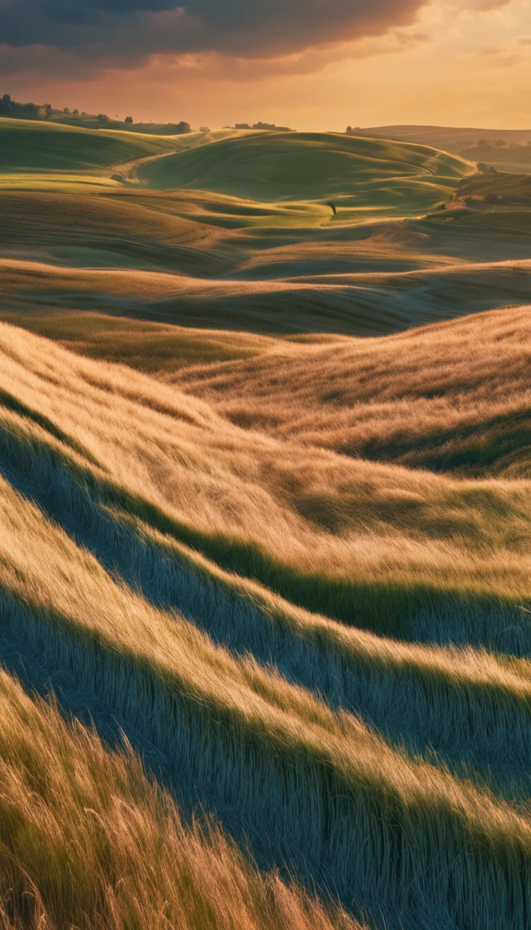 Soft artwork of rolling hills, Wheat, Rural farmland, Blue sky, Rich textures