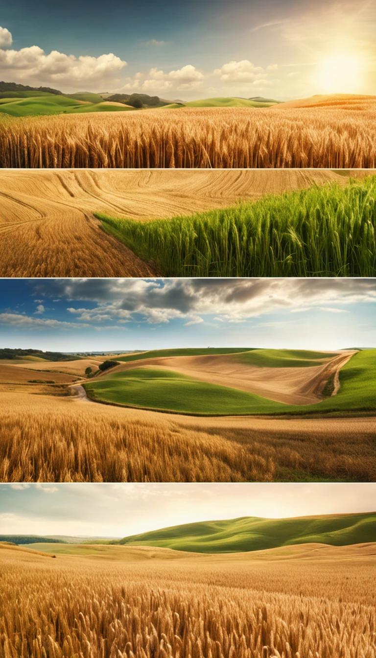 Soft artwork of rolling hills, Wheat, Rural farmland, Blue sky, Rich textures