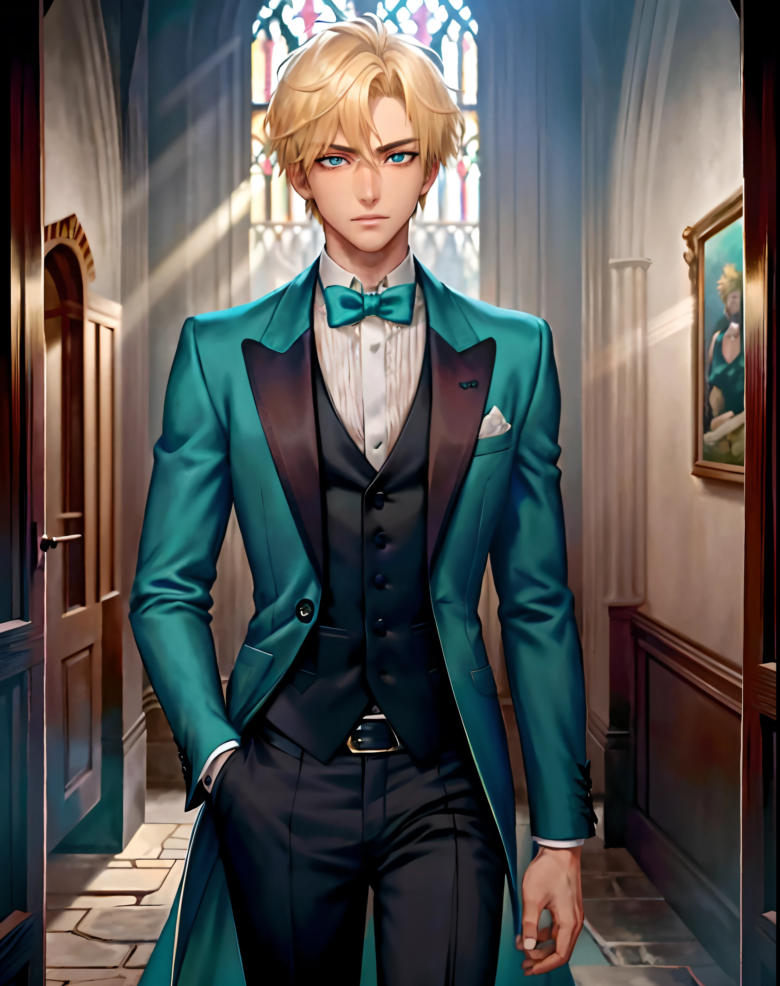 1boy, (man), manly body, anime, extremely detailed, hyper detailed, (broad shoulders), (PERFECT FACE), illustration, soft lighting, 2d, intricate, cowboy shot, detailed eyes, blonde hair, short hair, teal eyes, sexy, toned, black tuxedo, (outside), castle tower