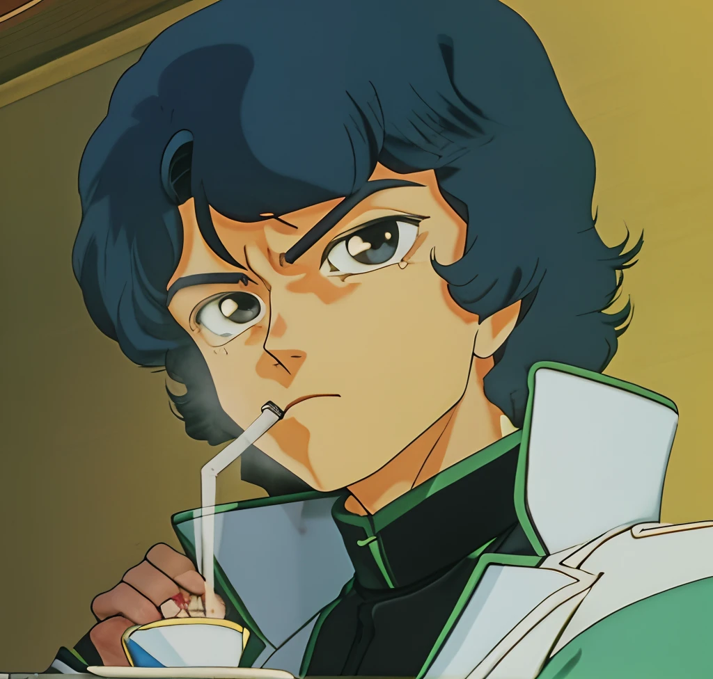 male, teen, green skin, feminine, 80's anime hairstyle, topless, drinking from glass, close up