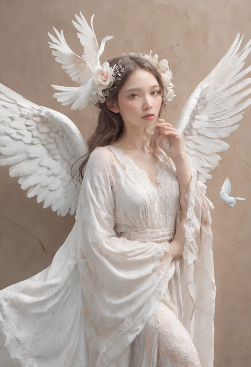 a drawing，The painting depicts a woman with white wings and a dove, Full body like，inspired by Miho Hirano, watercolor detailed art, author：Mary Angel, inspired by Naoko Takeuchi, inspired by Marie Angel, Alphonse mucha and rossdraws, ethereal fairytale, Inspired by Rebecca Gay, trending on artstration, watercolor colored painting, Watercolor illustration style, goddess of love and peace, mysterious, club, Nigo, Gopro view, textured, High contrast, Game icon, Bohemian colors, McBrin, X-ray illumination, Super detailed, photorealistic materials, Interior design, V-Ray rendering, 4K，Full body like，