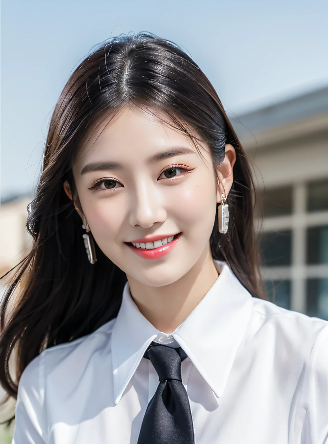 (8K, top-quality, masterpiece:1.2), (realisitic, Photorealsitic:1.37), ultra-detailliert, 1 girl in, full body Esbian, outside of house, (Adjusted hair:1.5) Officelady, Black Office Blazer, Office Skirt, (panthyhose: 1.2)、(Short button-down shirt:1.2)、Button Up Color Prim、Button Down Color Prim、Alpha Layer、high-heels、earring beautiful、cute little、独奏、Beautiful detailed sky、(A smile:1.15)、(Mouth closed)、Eyes in Beautiful Details、Business attire、Floating Hair NovaFrogStyle、
