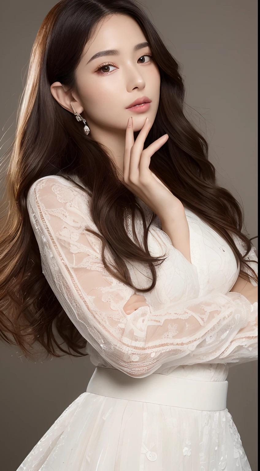 ((top-quality、8K、masterpiece:1.3))An ultra-high picture quality、realskin、Marble background、FULL BODYSHOT、女の子1人、Glamour beautiful woman:1.3、(light brown long curly hair、爆乳:1.2)、sexy facial expression、big eye、Long Sleeve Pink Lace High Neck Shirt:1.1、hyperdetailed face、ultradetailed eyes、super-detaild skin、Ultra detailed hands、Ultra-detailed fingertips on the face、Super detail beautiful legs、Super detailed beautiful hair、Ultra-detailed cloth、put one's hand over one's mouth、Japan beauties、White lace skirt、piercings、beautiful and long legs、high-heels、Standing like a model、Walking