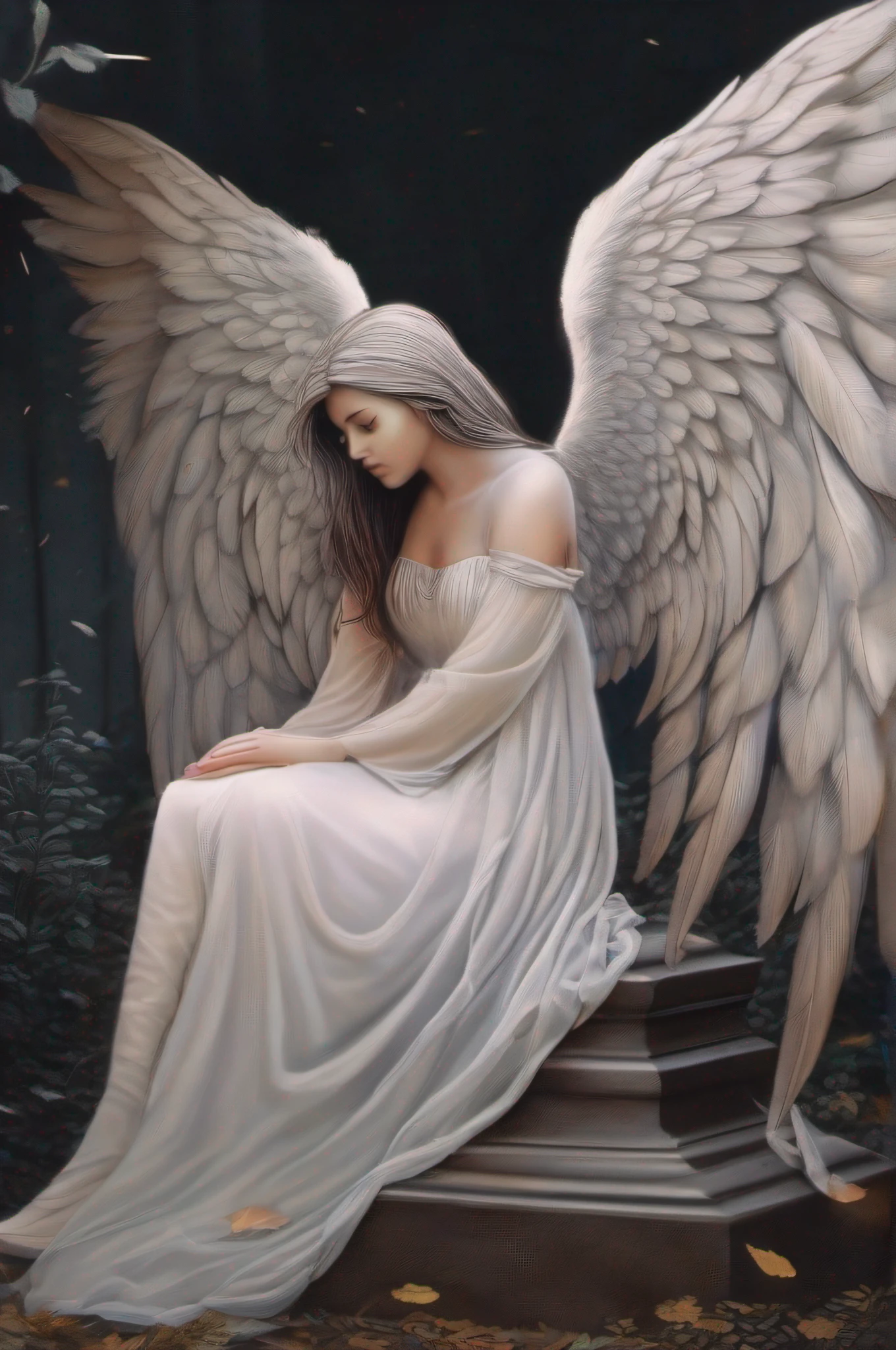 Draw a beautiful and sensual naked angel crying on a grave