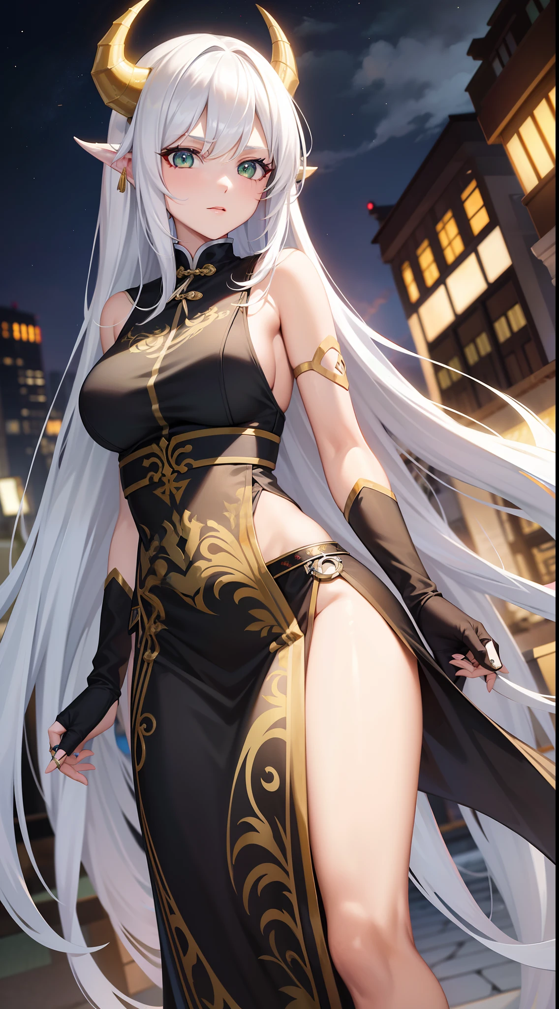 adult girl, Long white hair, Working with a horn, Green eyes, dragon tattoo, A cyborg, Hanfu, Masterpiece, hiquality