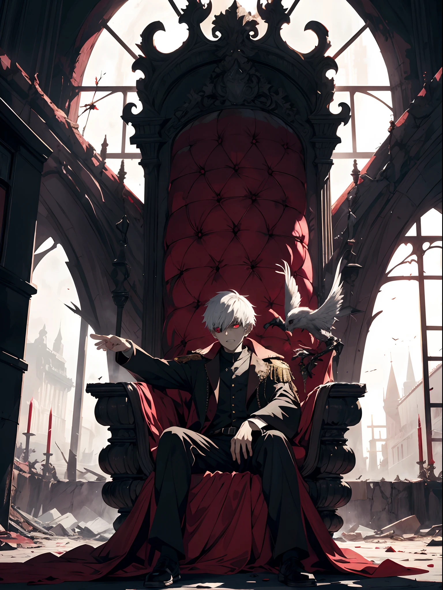A white-haired, red-eyed prince sits on a majestic throne inside an abandoned palace. The environment around him is dark and gloomy, with evil red eyes in the walls and cobwebs hanging there. The throne is ornate, with details in gold and precious stones, and is covered by a dusty cloth. The protagonist is wearing royal clothing, with a kaneki expression on his face, as he stares at the horizon with glowing red eyes, masterpiece, best quality, ultra-detailed, illustration, 8k resolution concept art, fantasy art, epic art, concept art wallpaper 4k, deep color, natural lighting