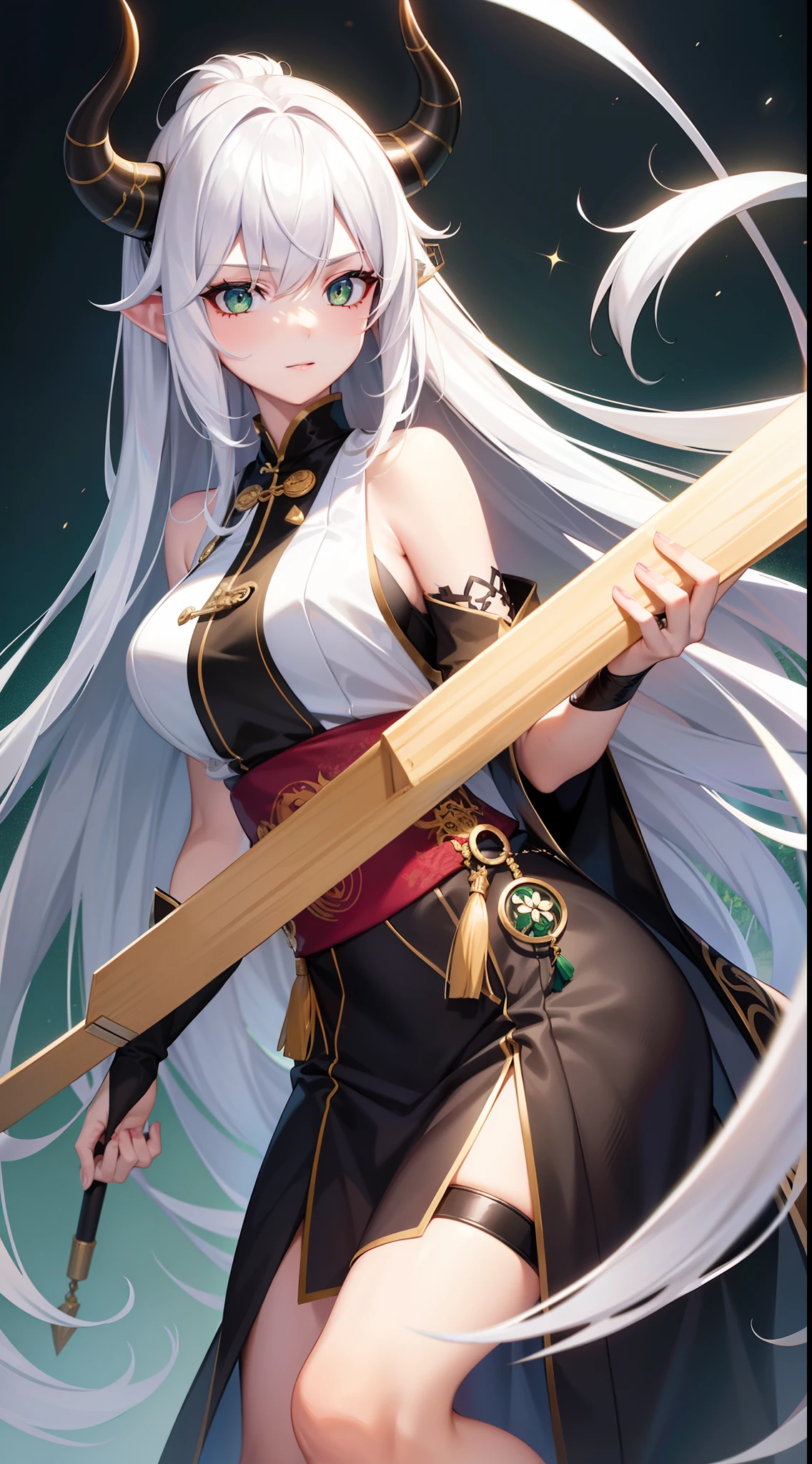 adult girl, Long white hair, Working with a horn, Green eyes, dragon tattoo, A cyborg, Hanfu, Masterpiece, hiquality