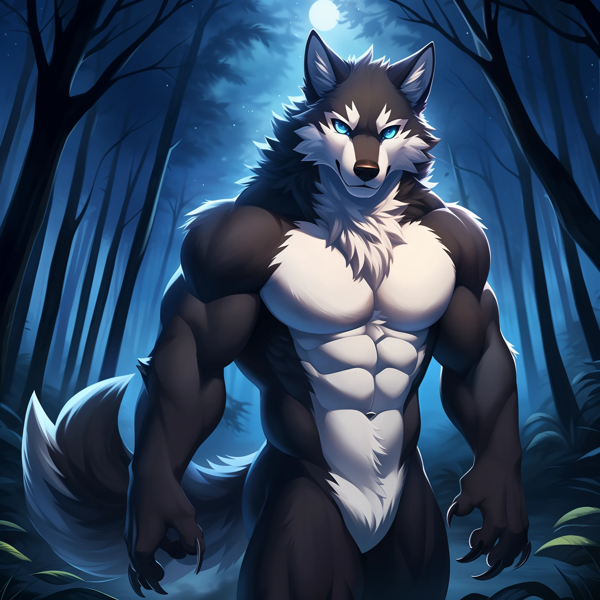 Werewolf male, full body covered in fluffy fur, no clothes, big muscular chest, volumetric abs, day, sensual, detailed, uploaded to e621, beautiful and detailed portrait of an anthropomorphic black werewolf (((male))) kenket, ross tran, ruan jia, uploaded to e621, zaush, foxovh, movie lighting, moon lights, glowing eyes, black fur, long dark mane of hair