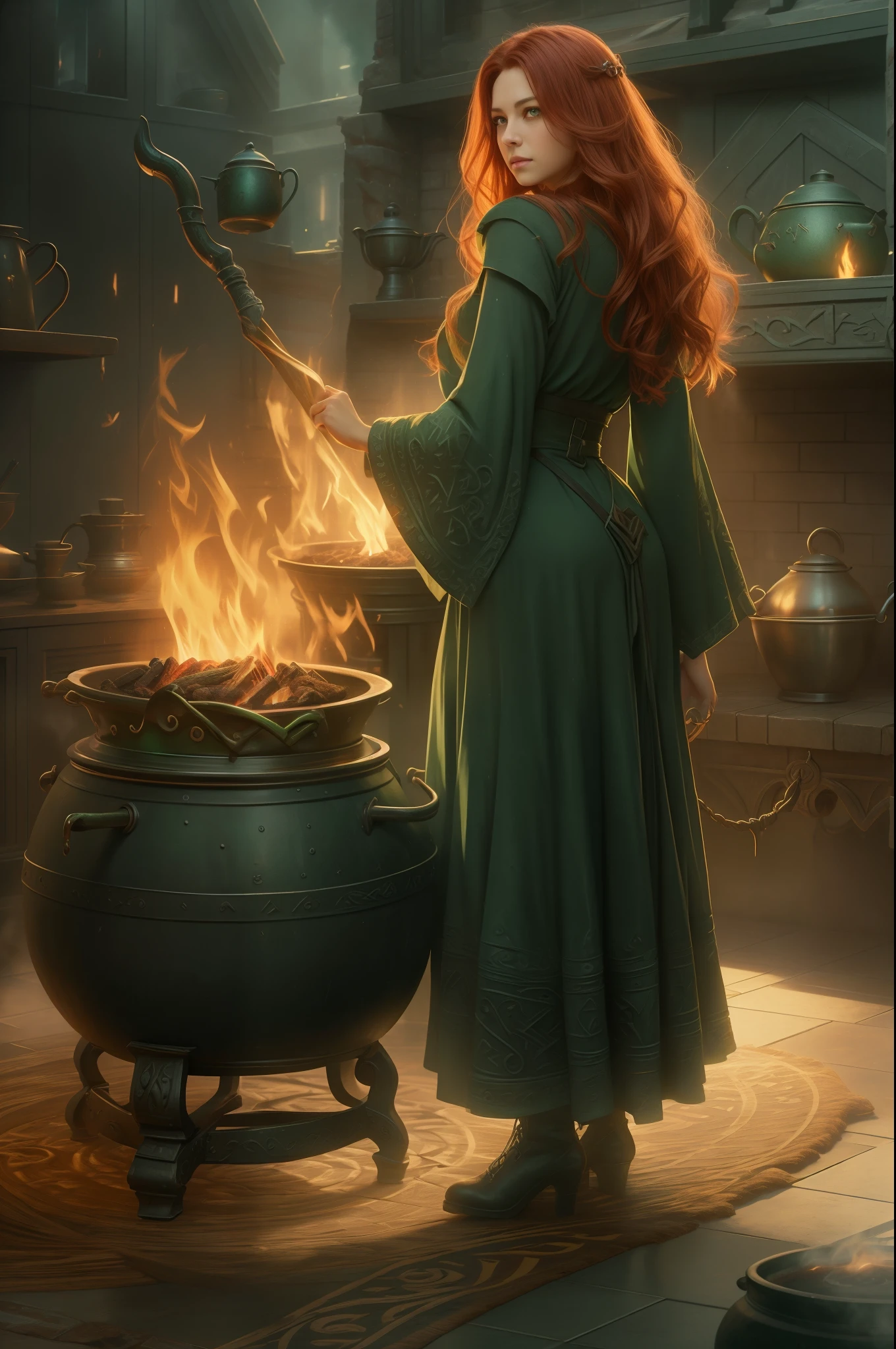 high details, best quality, 16k, RAW, [best detailed], masterpiece, best quality, (extremely detailed), full body (best details, Masterpiece, best quality), , ultra wide shot, photorealistic, fantasy art, RPG art, D&D art, a picture of a woman, witch brweing dark matter over big cauldron in the fire place, middle aged woman, exquisite beautiful woman (best details, Masterpiece, best quality), ultra detailed face (best details, Masterpiece, best quality), red hair, long hair, wavy hair, dynamic eye color, pale skin, green dress (best details, Masterpiece, best quality), wearing black boots, large boilng cauldron, black cauldron, green mists GlowingRunes_green, coming from cauldron, a stove, middles ages house background, dim fire light, High Detail, Ultra High Quality, High Resolution, 16K Resolution, Ultra HD Pictures, 3D rendering Ultra Realistic, Clear Details, Realistic Detail, Ultra High Definition
Waiting to start