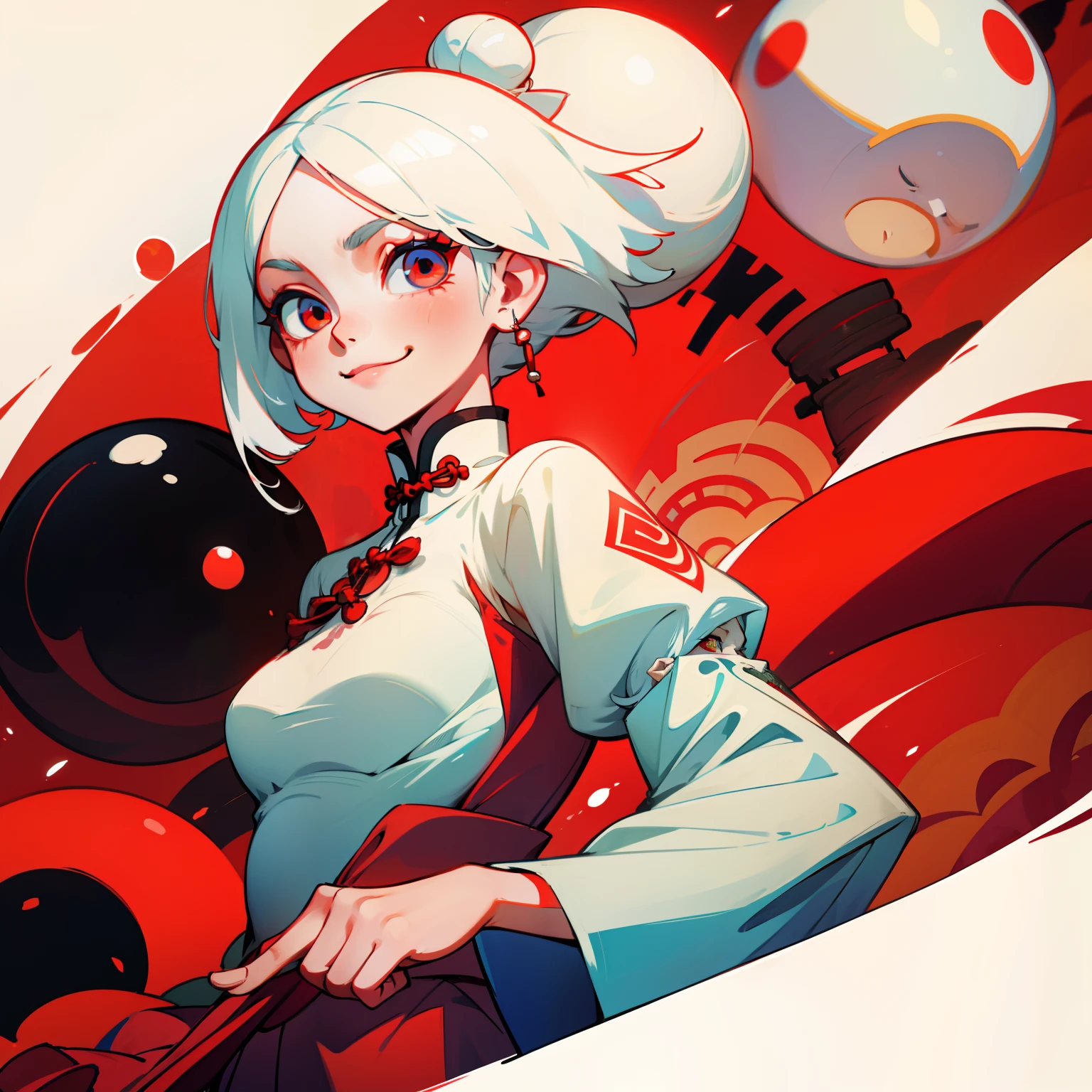 Girl with white hair，red color eyes，Ball head，China Cheongsam，ssmile