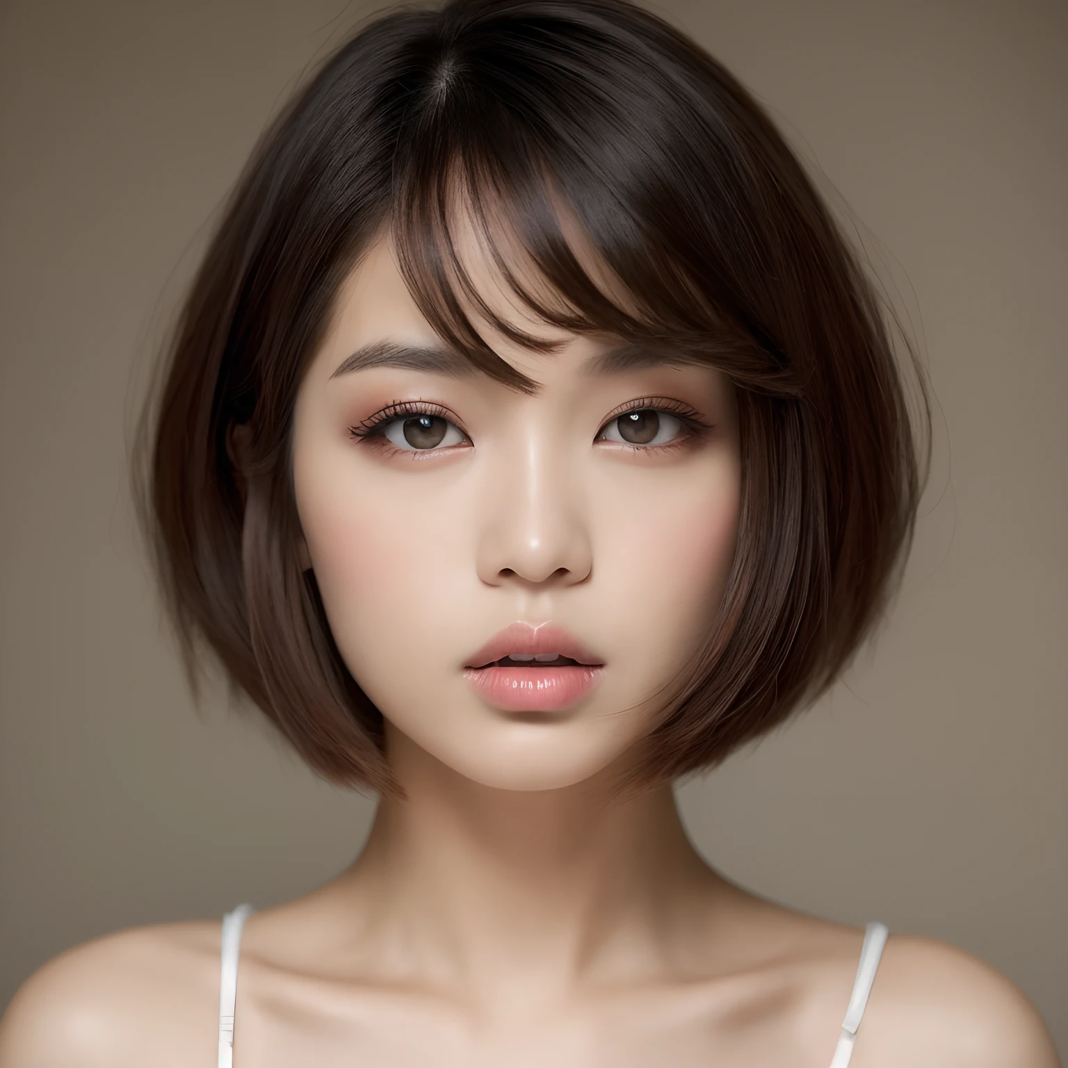 ((Bust up shot:1.6))、One woman、1 photo、((flat and small breasts:1.7))、((sensual look:1.8))、((ID photo:1.4))、((Apply beautiful makeup:1.7))、((A pale cherry-colored lip for moisturized lips:1.5))、((Naked Girls:1.5))、((No underwear:1.5))、Natural Shading、((Moist eyes:1.3))、(K-Pop Idols)、Serene and goddess-like beauty、((Slightly parted lips:1.3))、Natural Shading、((((Beautiful short bob cut brown hair:1.5))))、((Chestnut-haired Japanese woman)))、(Yin and Yang Expressions:1.5)、masterpiece, Highest quality, 8k, High-definition image quality, (Upper body:1.4), Beautiful girls, Beautiful face, Looking at the audience, Surreal, High resolution, Sharp focus, High resolution, フェイスLight, Dynamic Lighting, Light, Professional Shadow, Simple Background, (Dull grey background:1.4), Highest detail, Very detailed, Ultra-detailed, In detail, Real Skin, Delicate facial features, Detailed face and eyes, Sharp pupils、live action idol