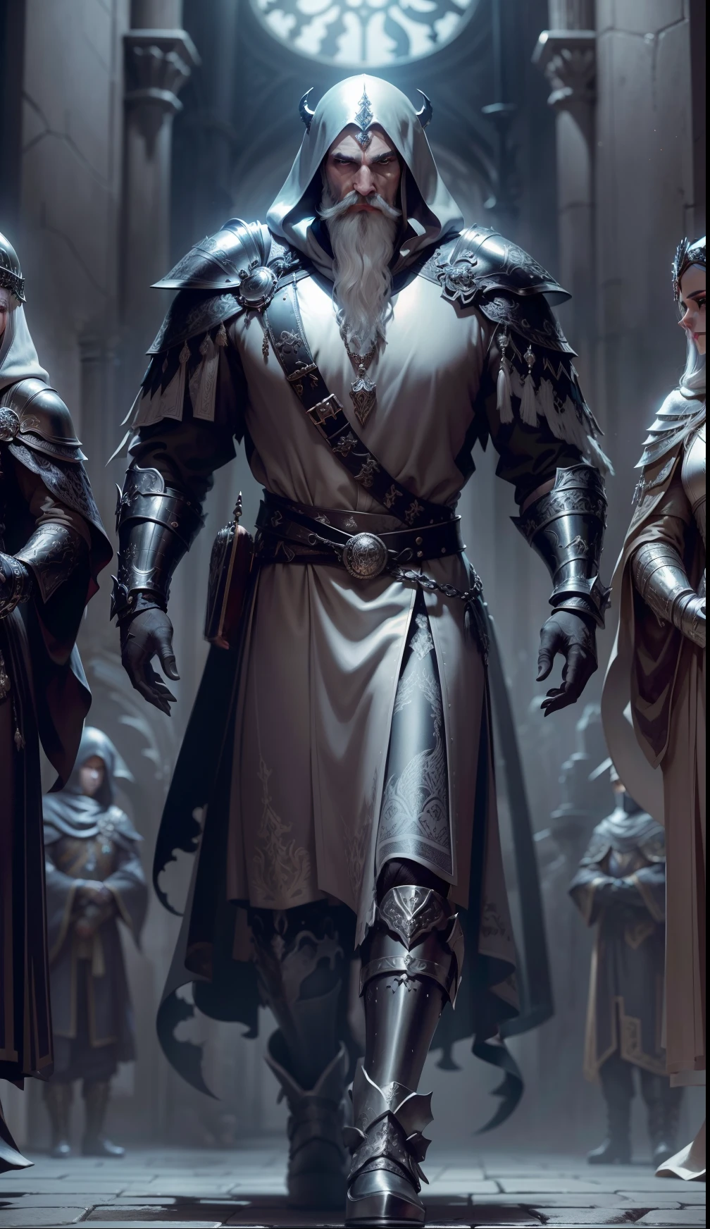 Very detailed 8k wallpaper), intricate, highly detailed, dramatic, the dragon king wears highly detailed black steel shoulder pads, modeled after the dragon head, with shimmering silver trims and ornaments, a covered gray cloak with an extremely detailed hood, hanging low on the bearded face, helmet completely covering the face, crazy detail details, highly realistic highly detailed heavy black steel armor, gray tunic with shiny silver shiny decoration, extremely detailed heavy black steel gloves, Steel boots with reinforced shiny silver ornaments, leisurely through the gloomy cathedral on the red velvet carpet in the vaulted hall, (showing the view from above) in the gloomy arched passage, there are many windows through which light passes, ornately patterned swords, exaggerated giant shields, full-body portraits, Damascus patterns, openwork carvings, knightly burqas, platinum patterns
