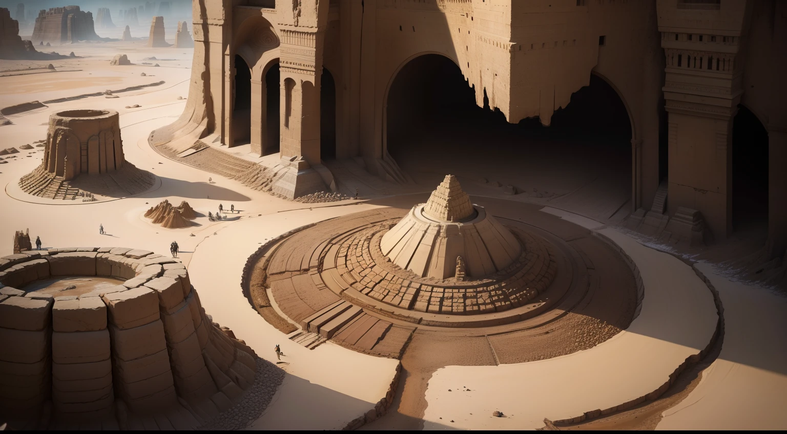 Fossils of huge giants in a pit surrounded by archaeologists, Sculptural broken style,Ultra HD details, mud,It's dim,
Extreme composition, Extreme perspective,
Look down from above,HD details,8k --ar 3:450--v5.2 --s 2