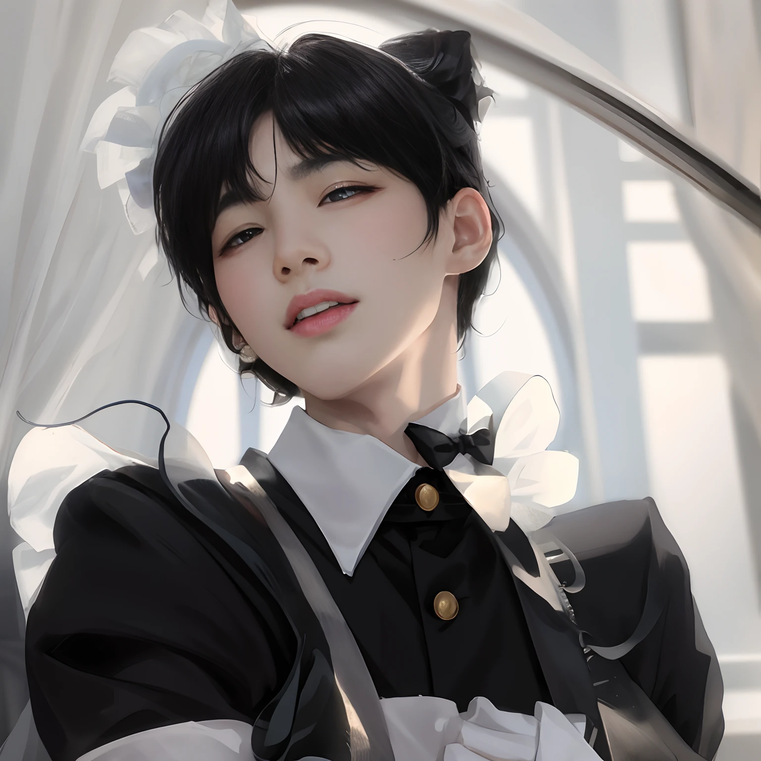 There is one with a bow tie,He Junlin, a young man wearing a black and white valet costume, was inspired by Bian Shoumin, Delicate androgynous prince, jinyoung shin aesthetic, inspired by jeonseok lee, Male ulzzang, inspired by Yanjun Cheng, Beautiful androgynous prince, inspired by Chen Chi, Shin Jinying, wan adorable korean face